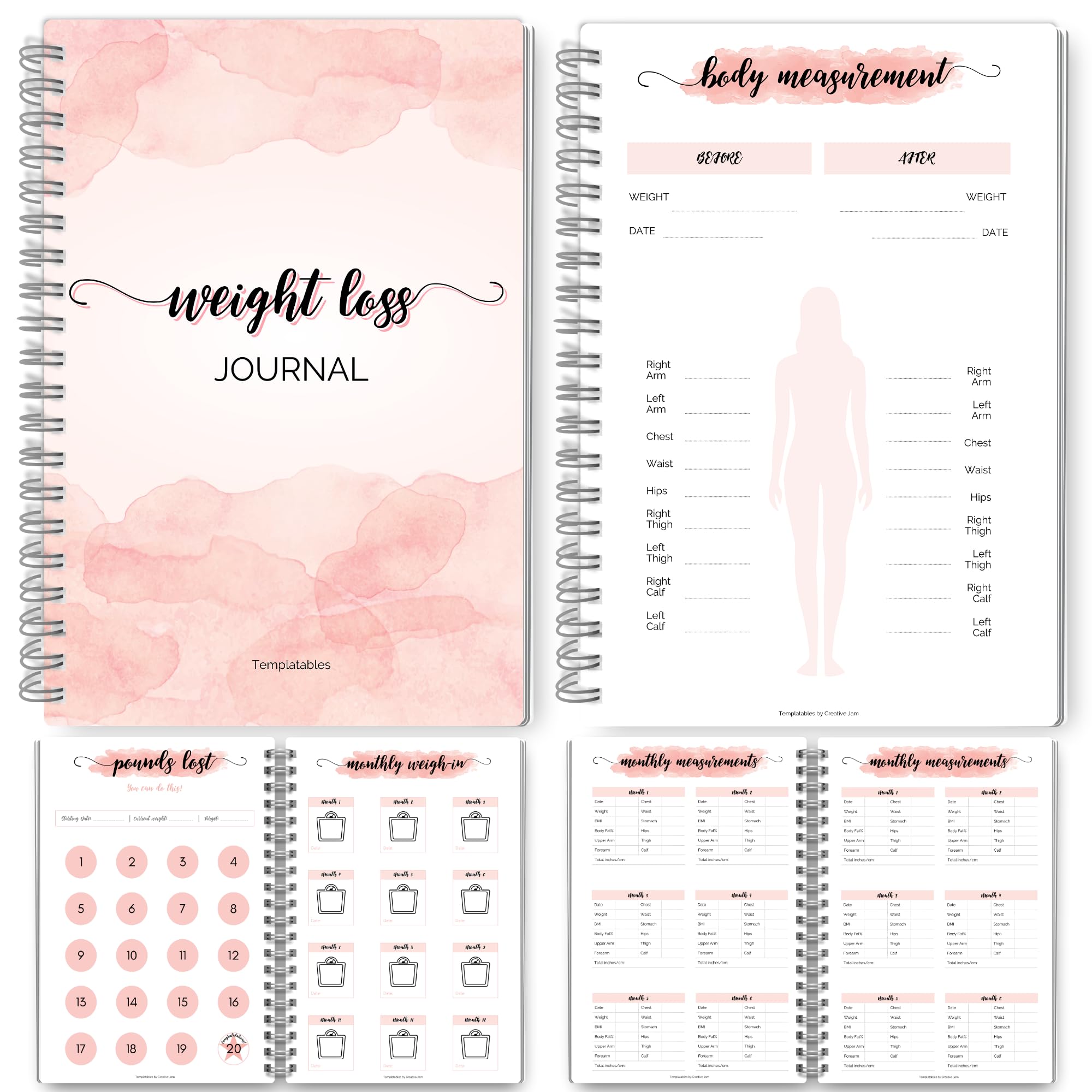 12 Month Weight Loss Journal | Pounds Lost & Body Measurements Tracker with Monthly Step Trackers, Fitness Planner, Vitamins & Supplements Logs, Goals, Reflections & Challenges | A5 (Pink)