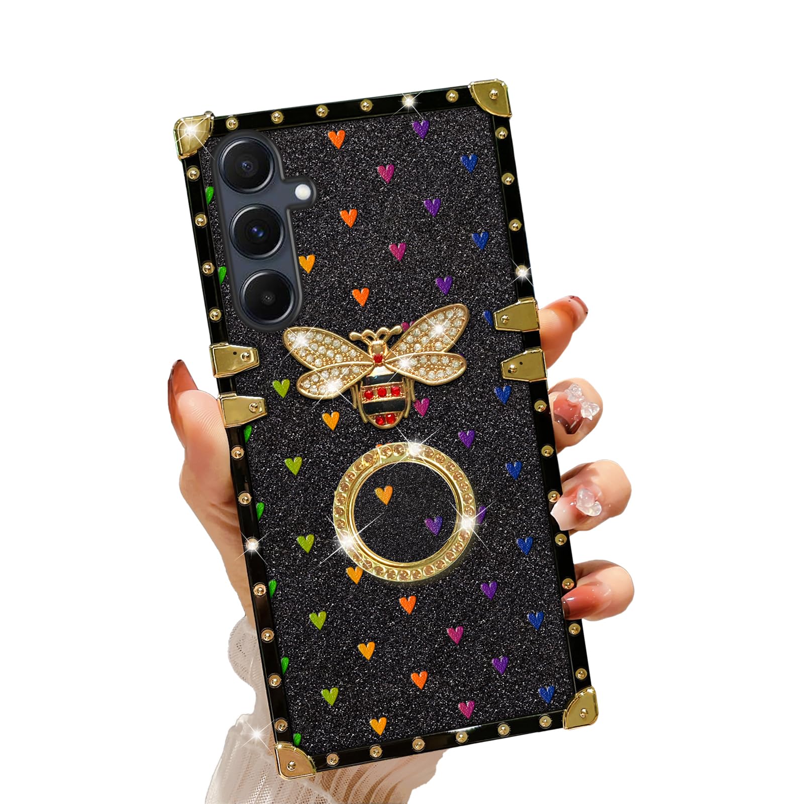 nancheng for Samsung Galaxy A35 5G Phone Case Girls Women Stylish Luxury Bees Design Case with Ring Stand Holder + Strap Lanyard Shockproof Protection