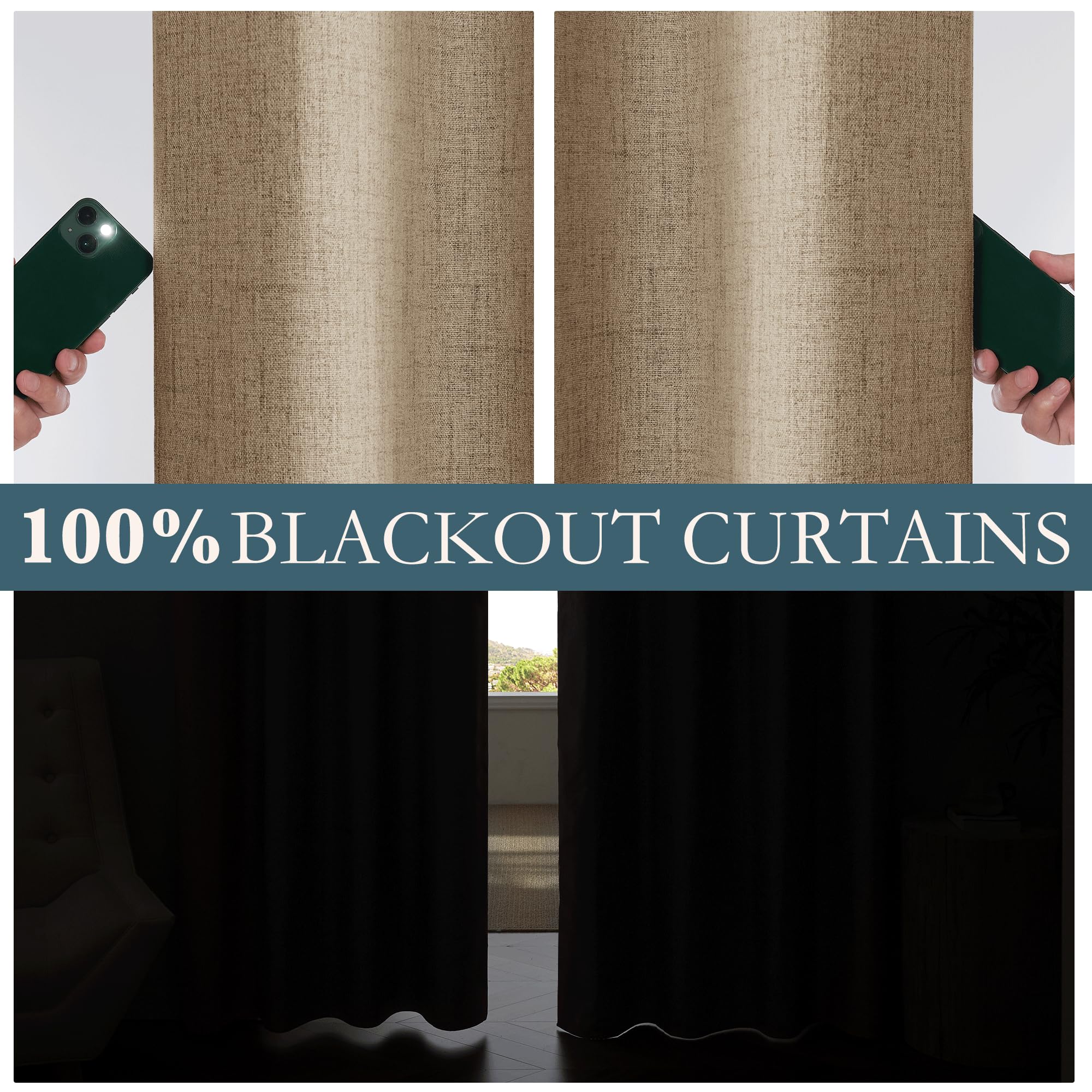 PONY DANCE 100% Blackout Linen Look Coating Curtains, 84 Inch Drop, Thermal Eyelet Top, Soundproof for Bedroom & Living Room - Image 4