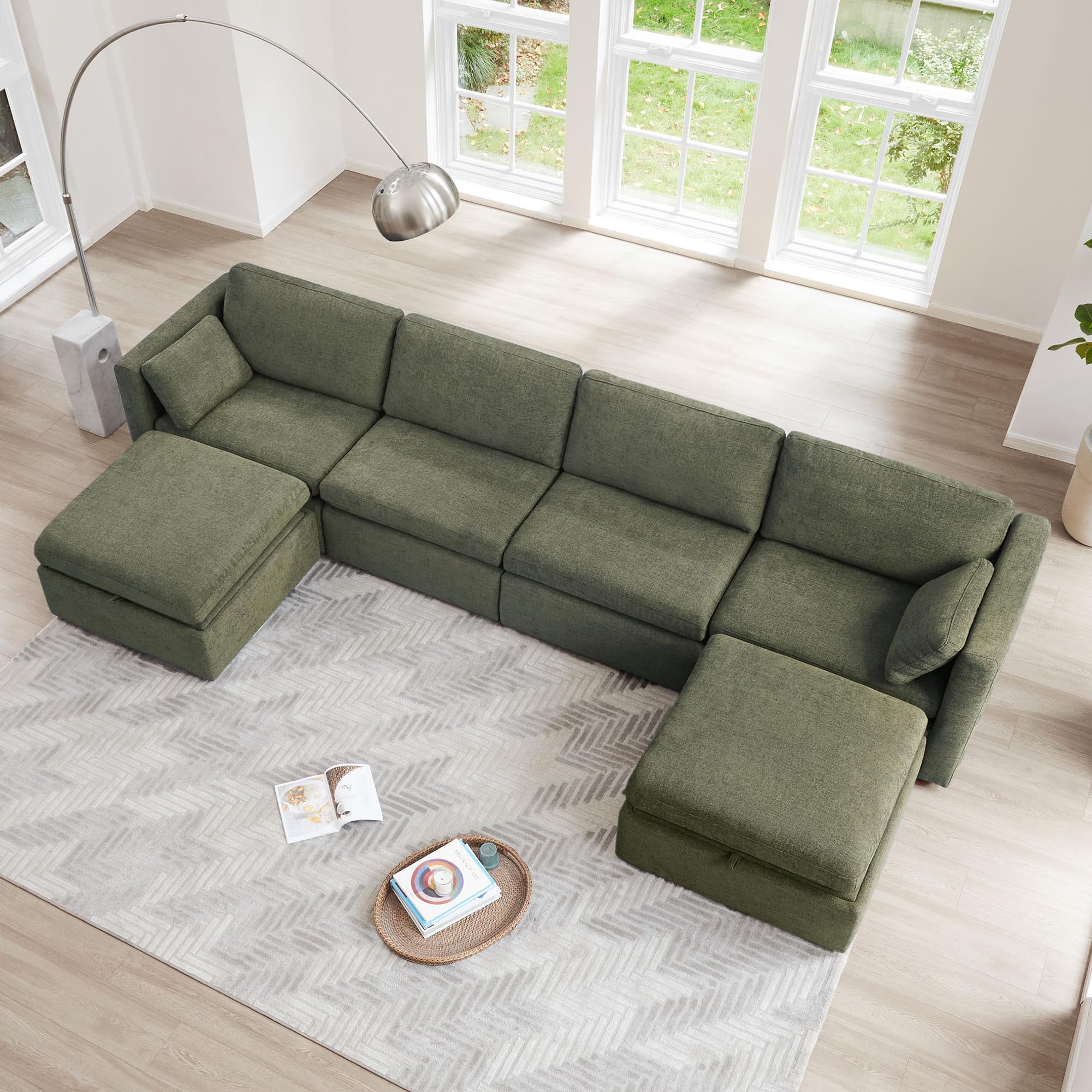 CHITA Oversized Modular Sectional Fabric Sofa Set,Extra Large U Shaped Couch with Reversible Chaise Modular Sectional Couch,146 inch Width,6 Seat Modular Sofa with Storage Ottomans, Moss Green