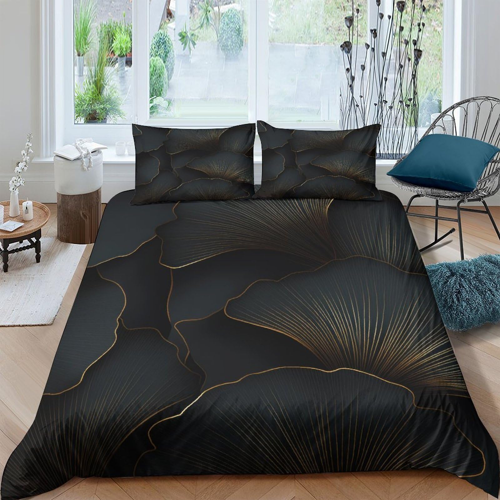 P5V6M1Q9 3D Printed Black Marble Duvet Cover Microfiber Soft Gold Line Abstract Bedding Set with 2 Pillowcases for Bedroom Decor Single（135x200cm）