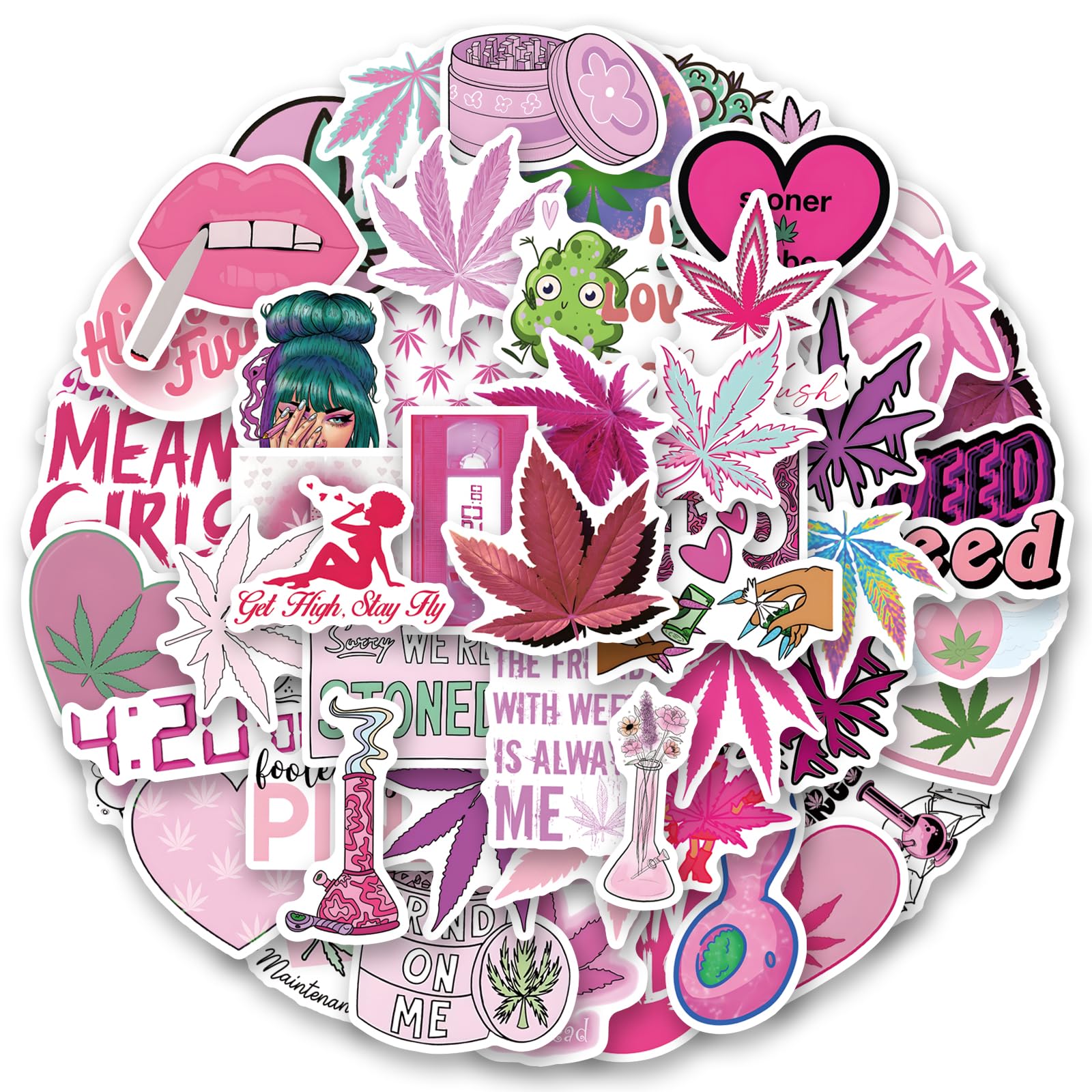 60Pcs Pink Weed Aesthetic Graffiti Vinyl Stickers Decals for Laptop Water Bottles Skateboard Luggage Computer Phone. Gifts for Women Girls Kids Teens