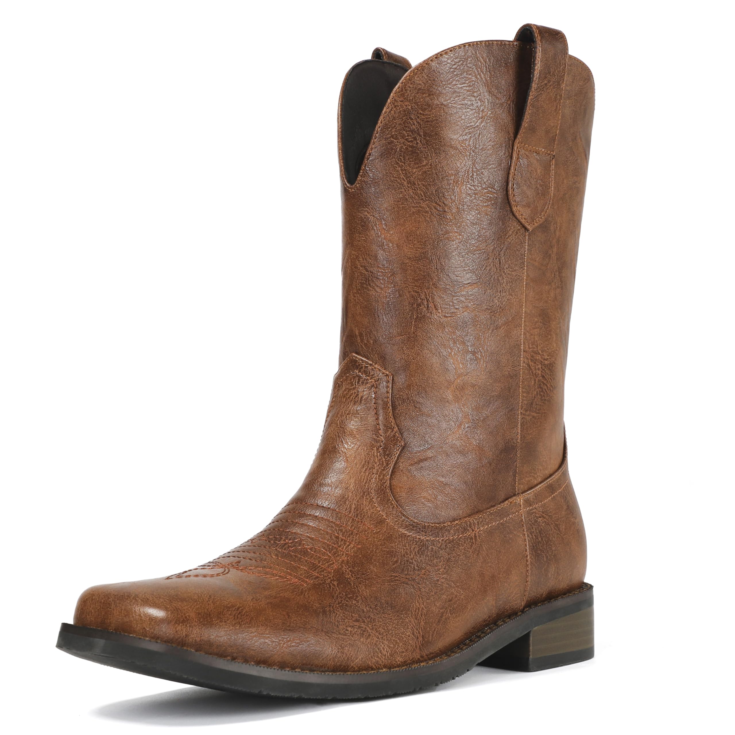 ChoiranCowboy Boots for Men Square Toe Men Western Boots with Low Heel,  Slip On Faux Leather Ankle Boots, Retro and Stylish Pull On Boots for Fall