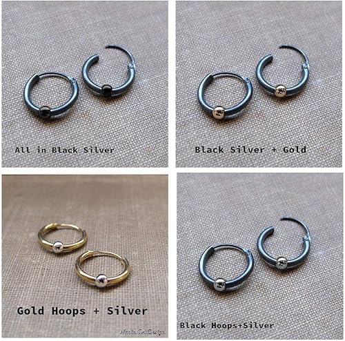 Miniatura 7 de Unisex Black Earrings with Gold Beads, Huggie Hoops for Men - Dark Earrings - Sterling Silver Jewelry - Floating bead hoops - hypoallergenic Hoops