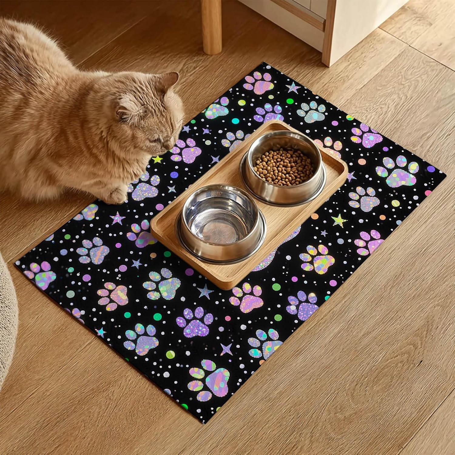 HOMETITUTE Pet Feeding Mats Cat Mat for Food and Water 20" x 12" Glitter Paw Print Cat Bowl Placemat Non-Slip Indoor Feeding Station Cute Pet Meal Mat for Small Pets Kitchen Floor Use