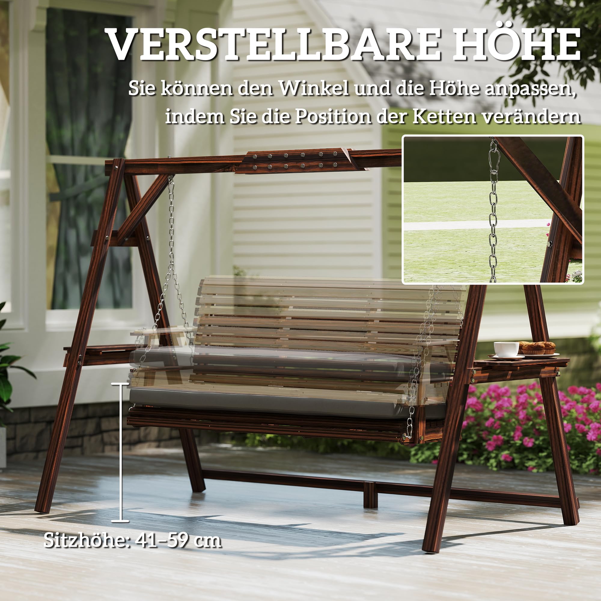 Outsunny Dondolo Hollywood, altalena da giardino a 3 posti, in legno, con cuscino, portata fino a 330 kg, per giardino, terrazza, 243 x 134 x 170 cm, carbonizzato