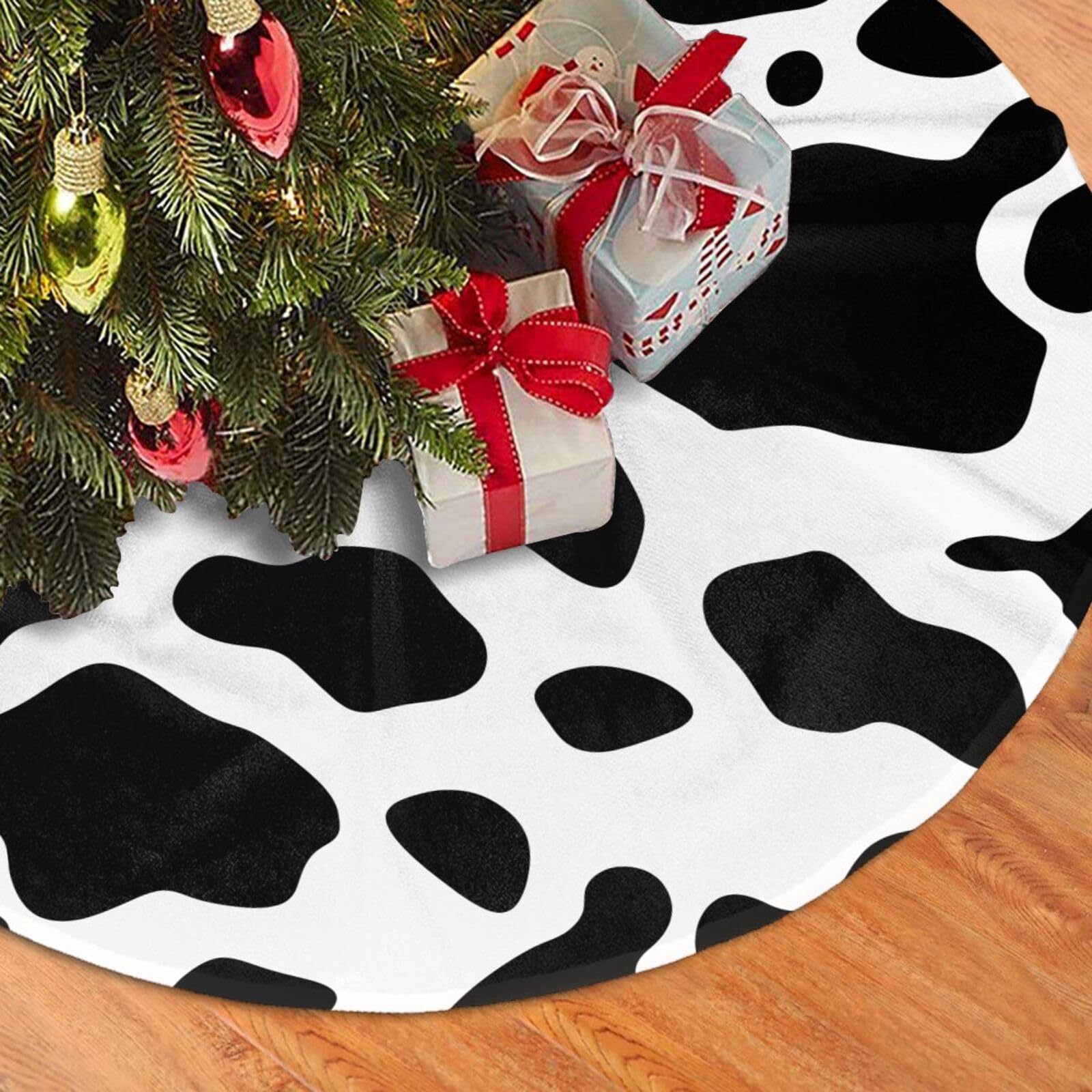 Fodpand Black And White Cow Print Christmas Tree Skirt 48" Velvet Xmas Tree Skirt Mat Rustic Christmas Tree Mat Cover Winter Xmas Tree Collar For Indoor Outdoor Christmas Decorations