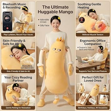 Okya Mango Throw Pillow, Plush Hugging & Patting Pillow with Bluetooth Recording, Gentle Heating Function, Soft Cuddly Cushion for Home Office Gift (Patting-style, L (40.16*10.24*12.99 in))