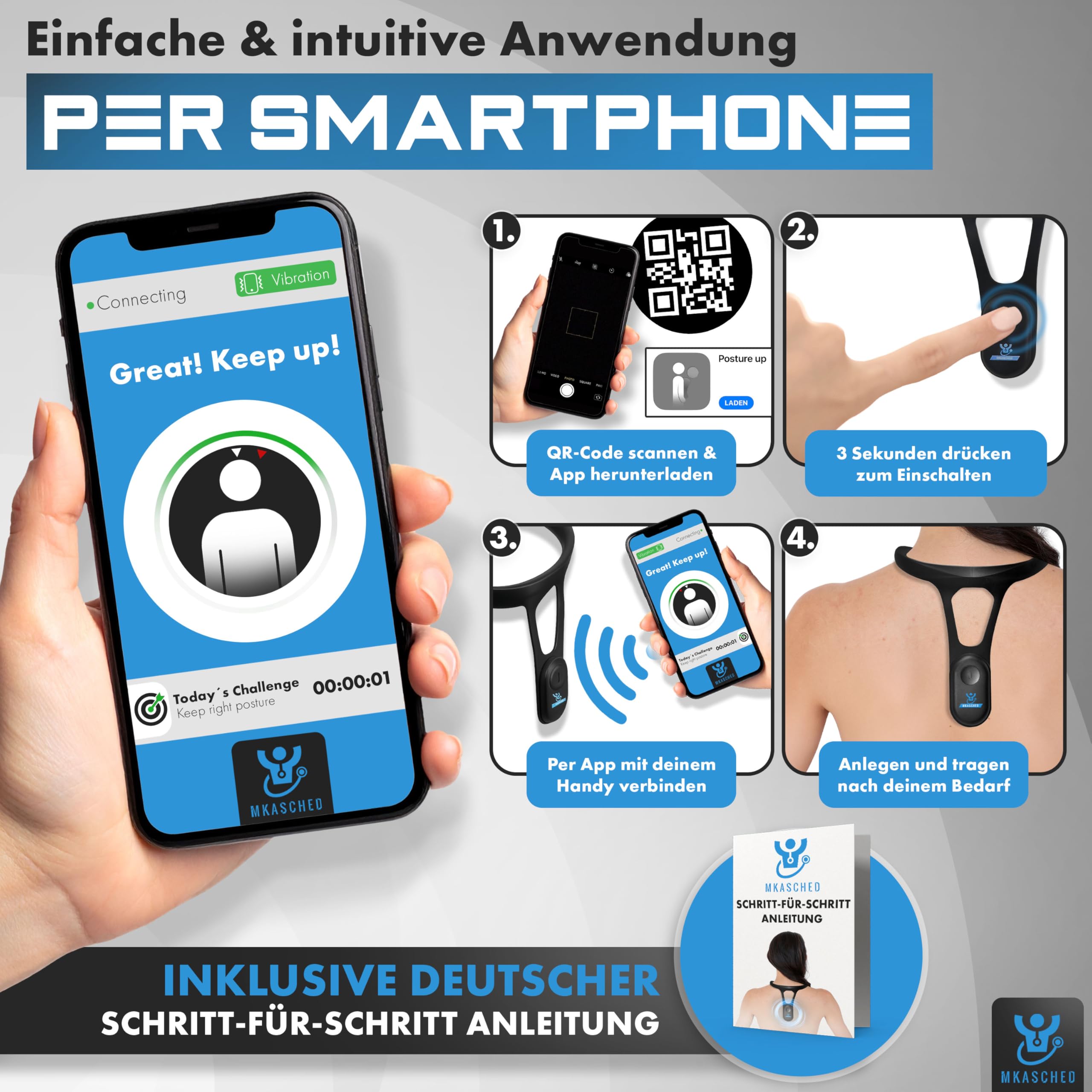 Supporto per schiena intelligente, correttore intelligente posture con vibrazione per recuperare in posizione errata