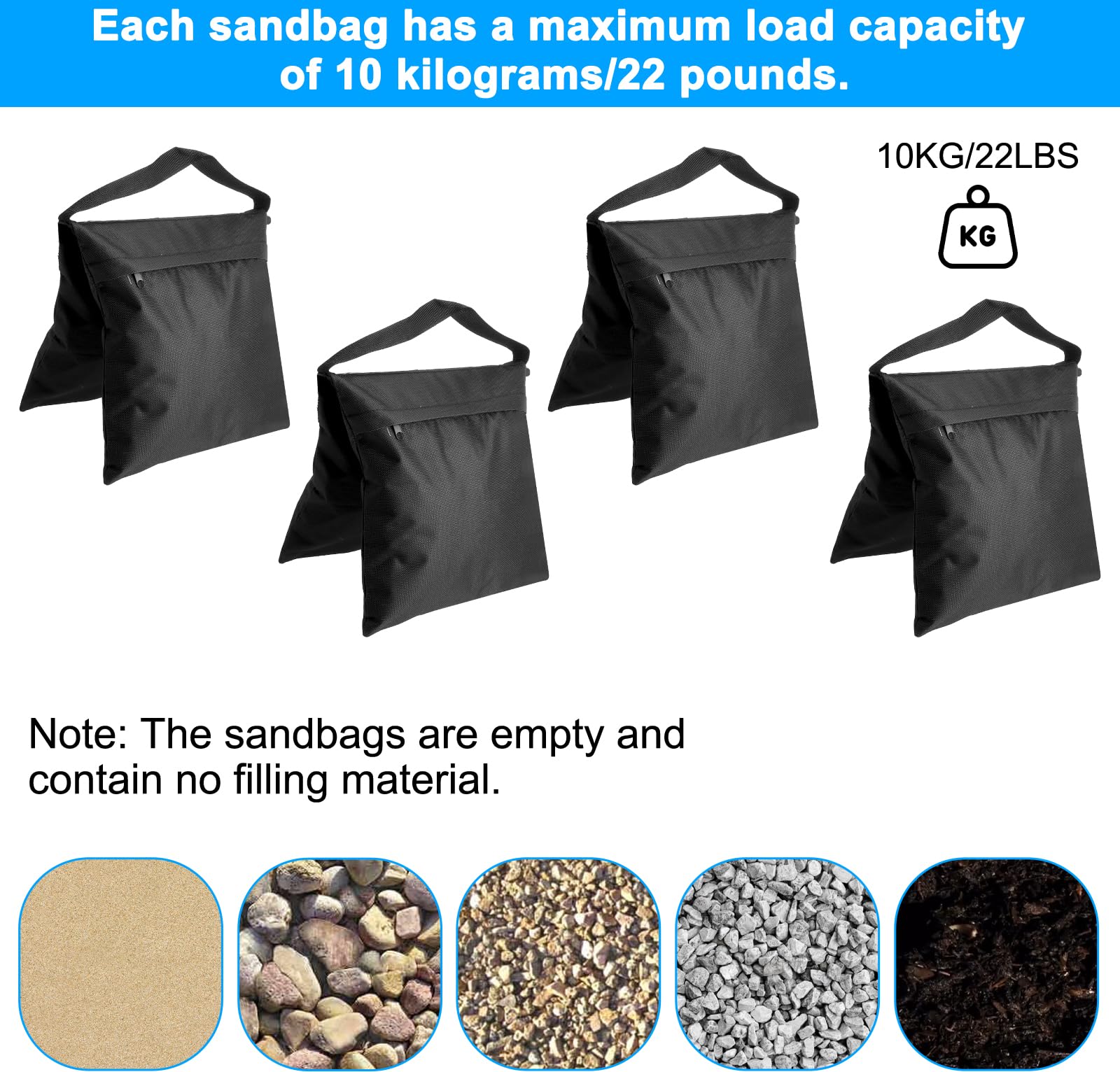 Lot de 4 sacs de sable pour lestage avec 4 crochets d'escalade et 8 sacs de fermeture, poids pour tonnelle, sac de sable pour studio photo, extérieur, pavillon et lestage de tente