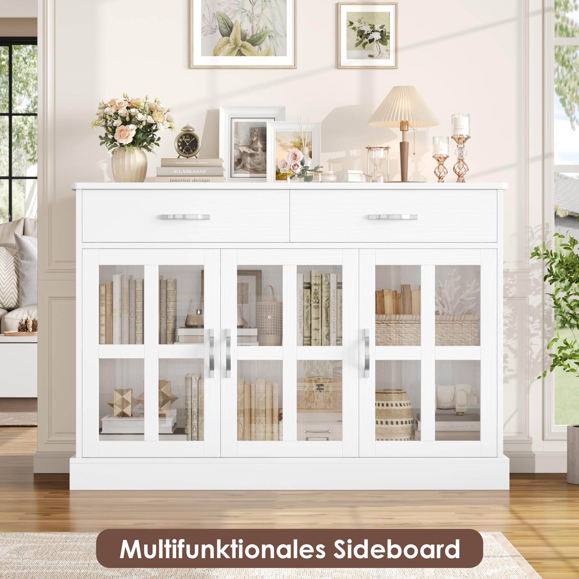 FirFurd Küchenschrank, Sideboard mit 3 Glastüren & Schubladen Buffetschrank