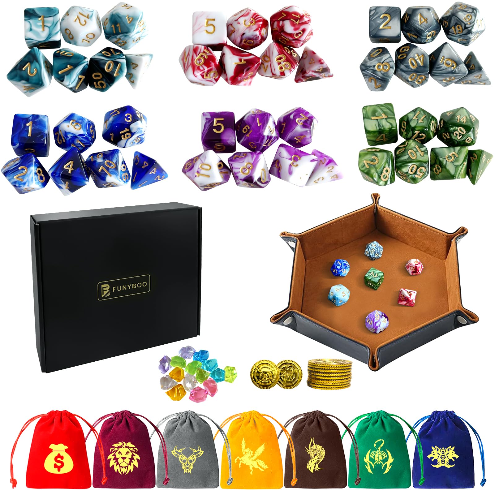 FUNCYboo Juego de dados DND – 42 dados poliédricos RPG MTG para juegos de rol de mesa de Dungeons and Dragons con 7 bolsas de cordón y bandeja de dados de terciopelo de piel sintética