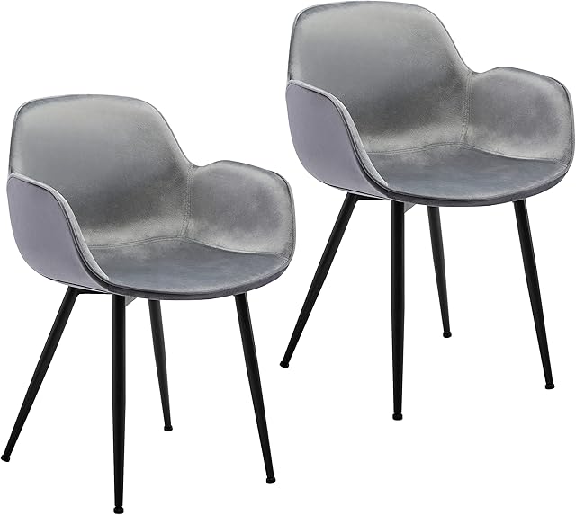 LeChamp Set of 2 Velvet Dining Chair Occasional Armchair with Armrests & Backrest Leisure Chair for Kitchen Lounge Bedroom Living Room Accent Tub Chair with Upholstered Soft Seat Grey