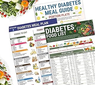3-Piece Diabetes Food Chart Set 12x18 Inch Printable Diabetic Diet Guide with Low Carb Foods List, Glycemic Index (GI) & Serving Sizes, Meal Planner for Type 1/2 Diabetes, Carb & Calorie Counter