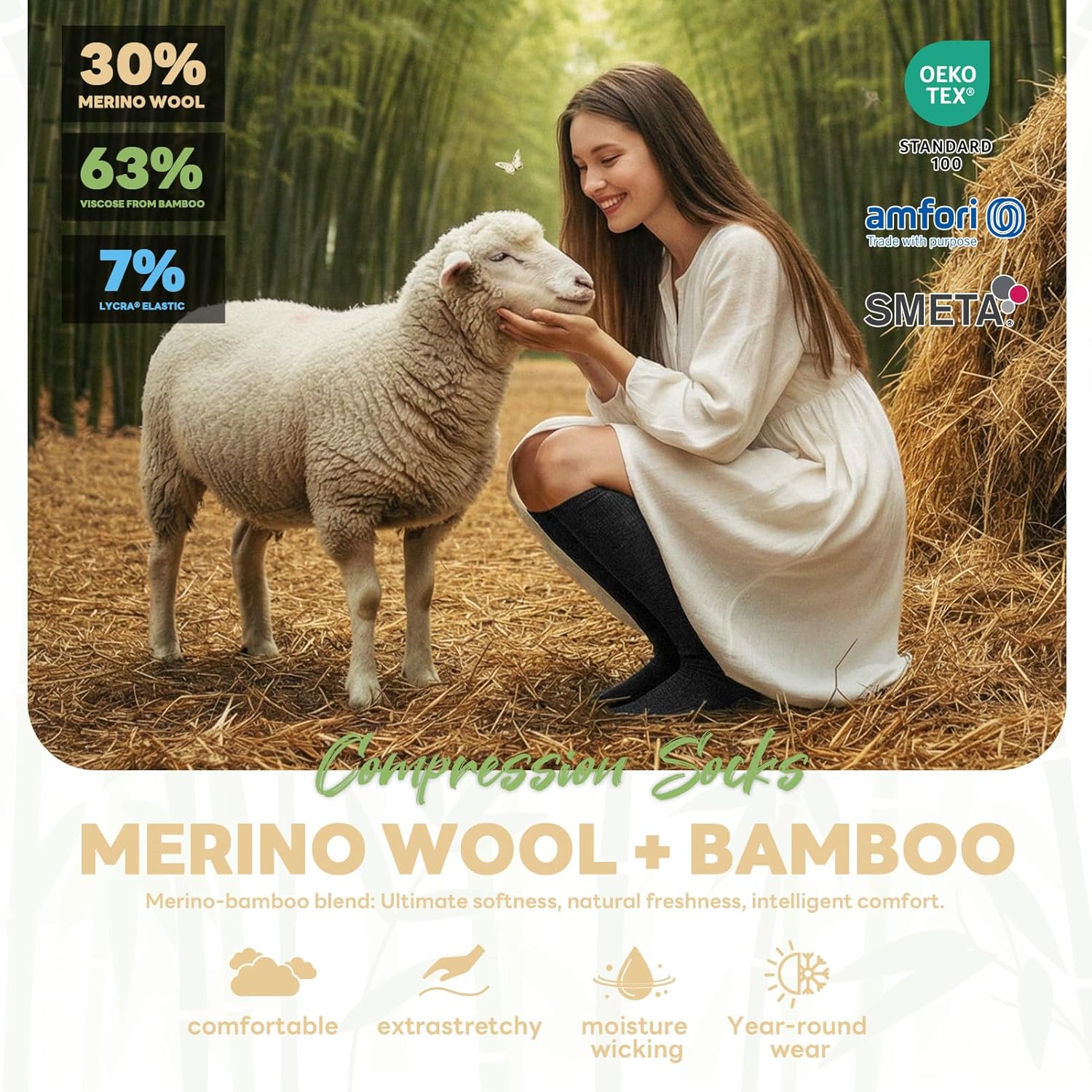 Merino Wool Compression Socks for Women&Men 15-20mmHg Knee High Breathable Socks for Flying, Athletic, Travel