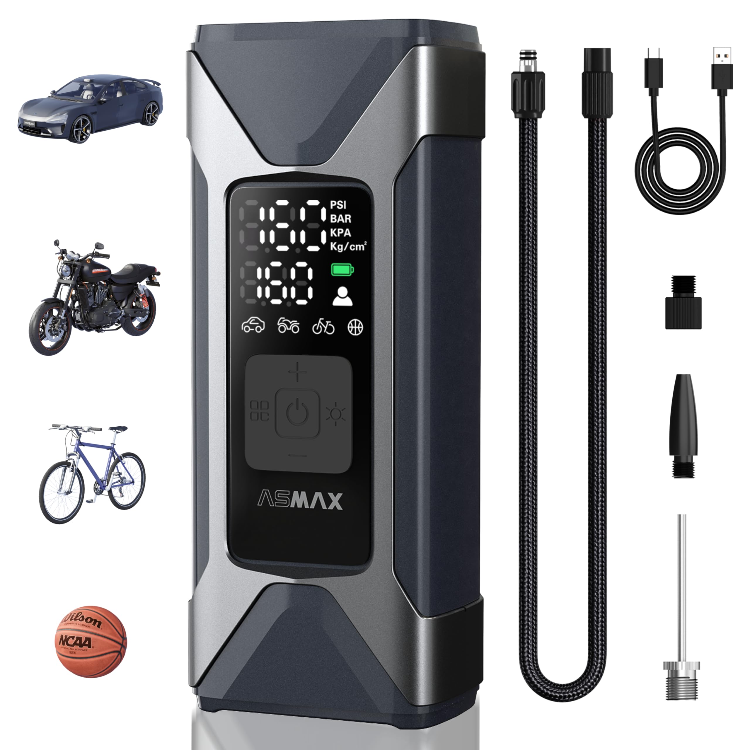 ASMAX Elektrische Luftpumpe 7500mAh, Fahrradpumpe 160PSI/11Bar mit Reifendruckmesser, tragbarer Akku Kompressor, Mini Reifenpumpe mit LED Licht für Autos, Wohnmobil, Motorräder, Fahrräder, Bälle
