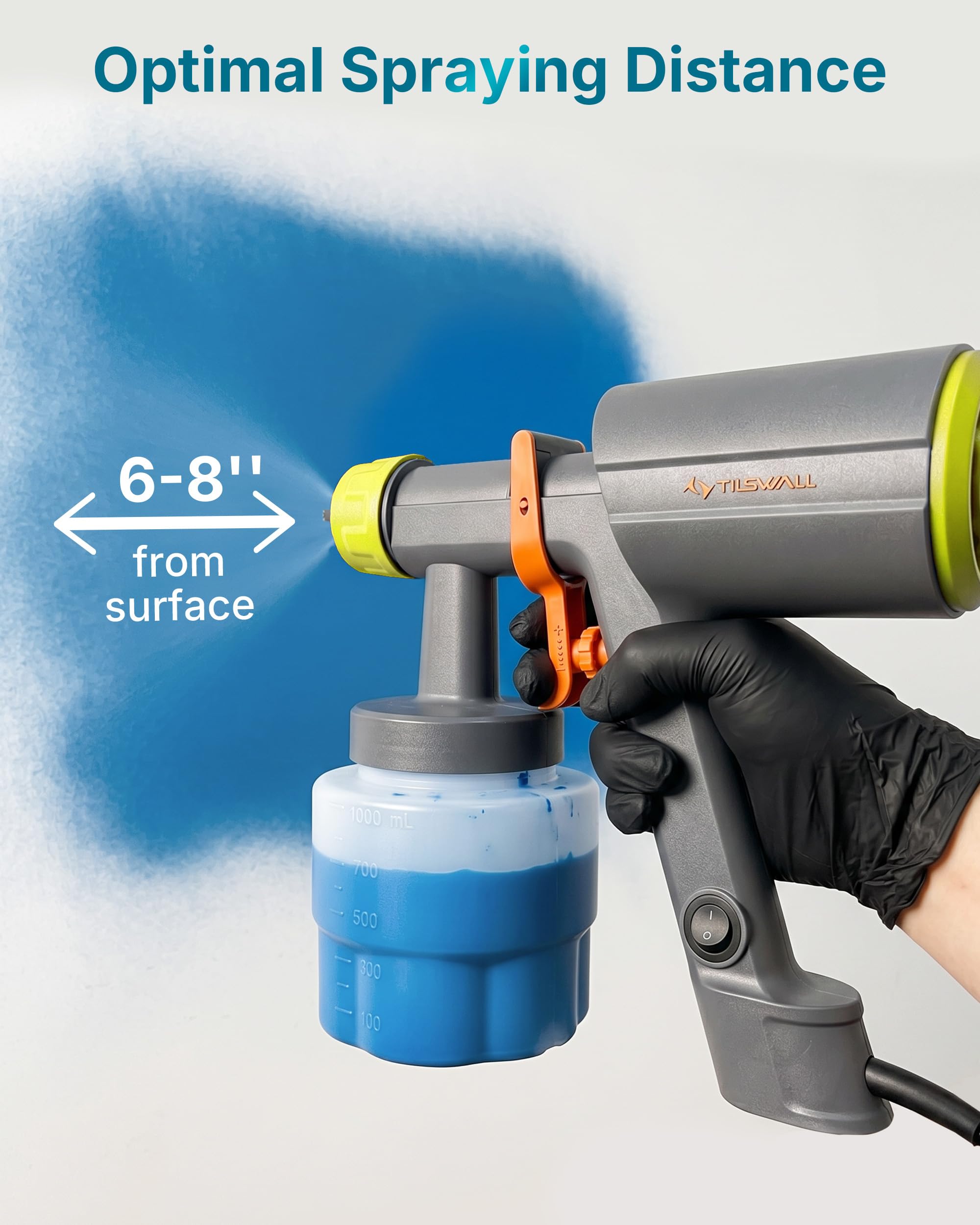 Tilswall Spruzzatore per Vernice Elettrico Potente e Leggero, Serbatoio Rimovibile da 1000 ml, 3 Ugelli e 3 Modalità di Spruzzatura, Ideale per Mobili Grandi, Muri, Recinti e Progetti fai da te Limone