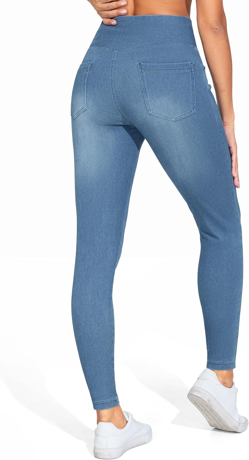 THE GYM PEOPLE Women's V Cross Denim Jegging Pants High Waisted Stretchy Skinny Jean Leggings with Pockets - Image 2