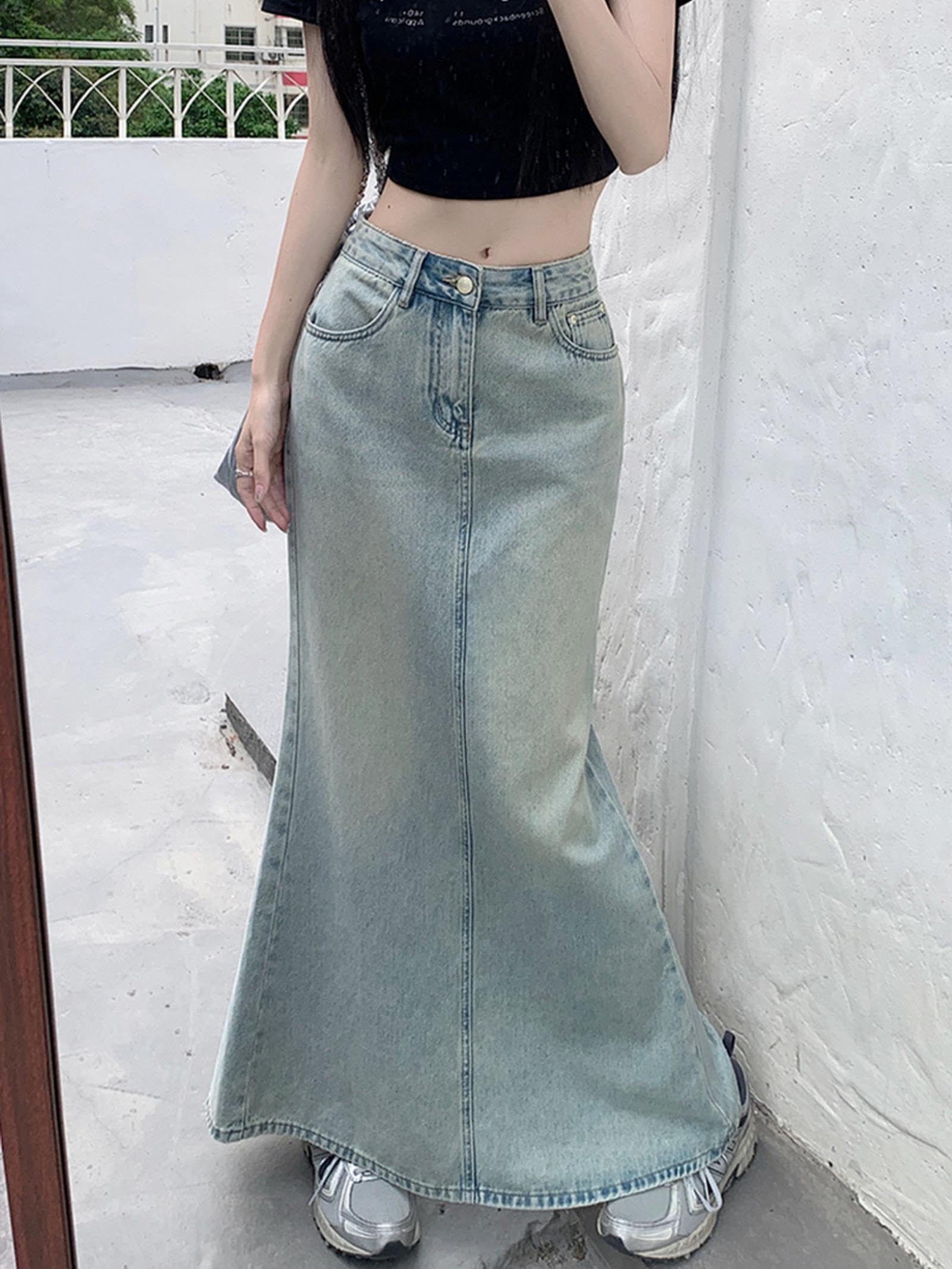 NOGRAX Satinrock Maxi Verzweifeltes Jeansrock Für Frauen Taschenrücken Schlanker Hüfte Wrap Long Jeans Rock Weiblich