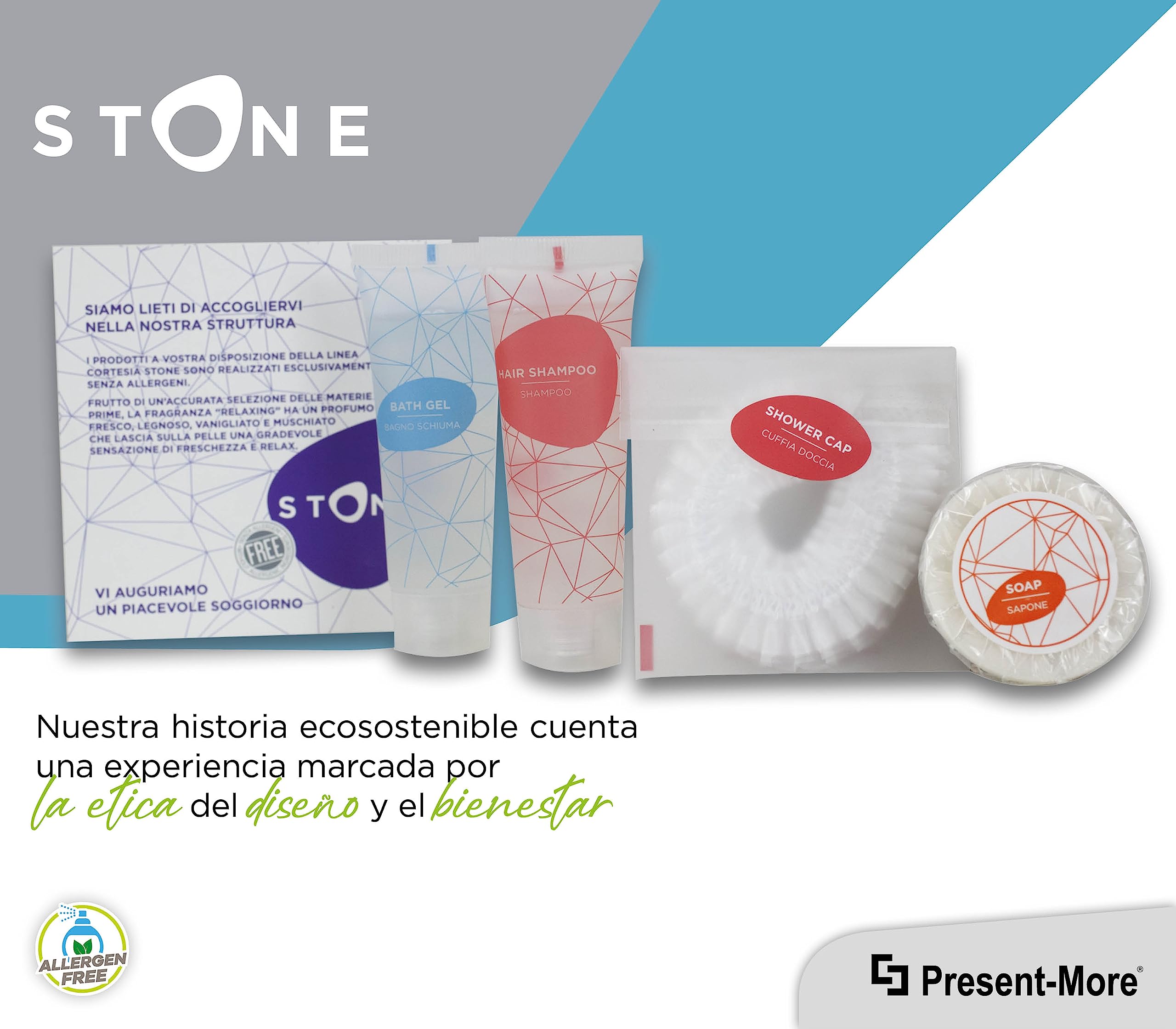 Present-More Amenities baño Stone - Prestige Kit Línea de cortesía 35 huéspedes de Hoteles y B&B | Amenities baño sin alérgenos con fragancia Relaxing