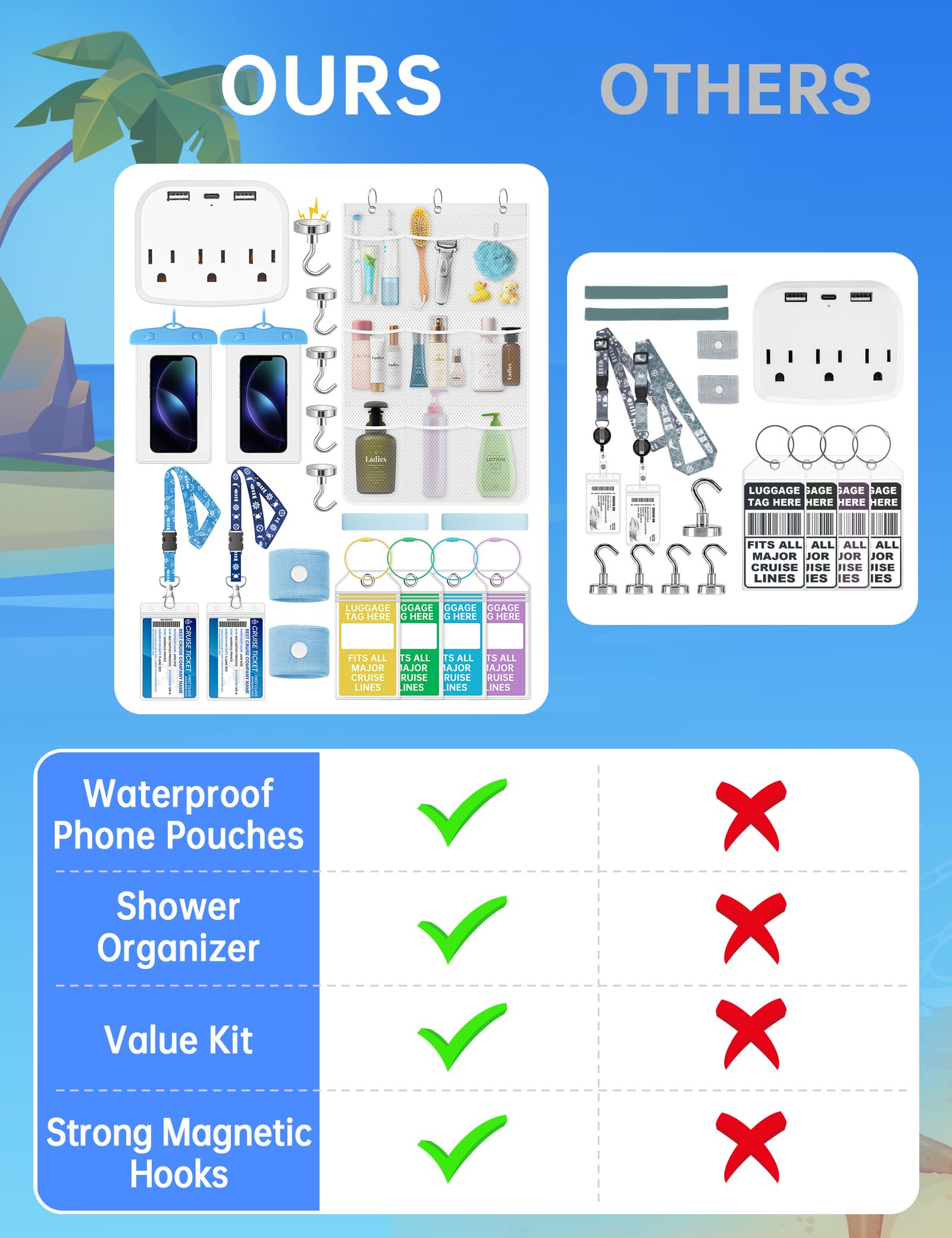 NiHome Kit essenziale per viaggi da crociera da 19 pezzi: presa multipla, borse impermeabili per telefono, porta etichette per bagagli, ganci magnetici, cordini per carte da crociera, fasce per