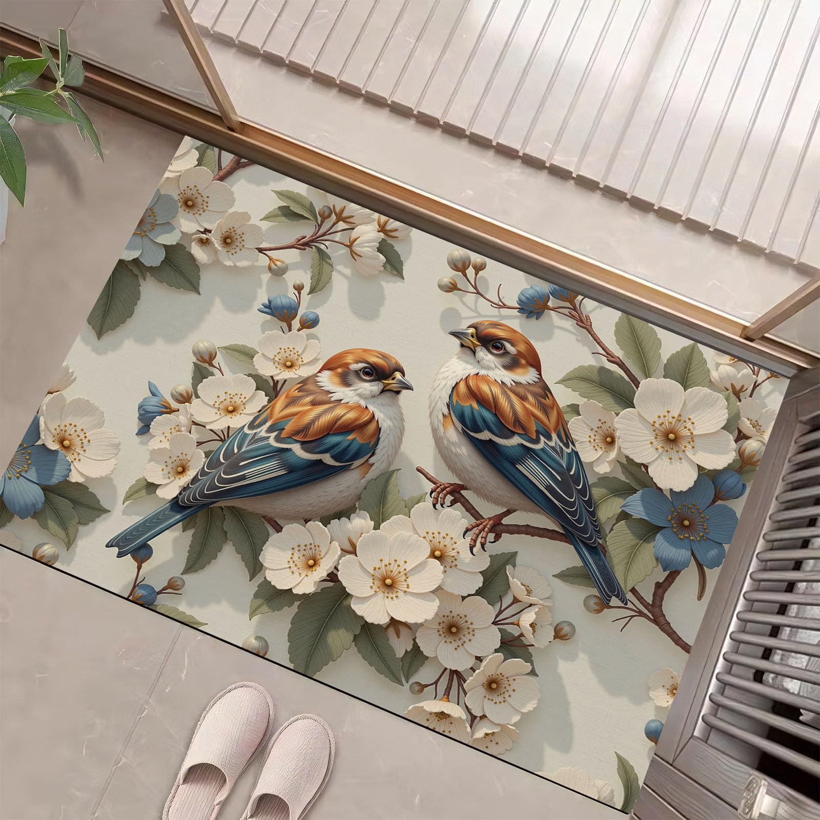 Tapis entrée attrape-poussière paillasson lavable oiseaux blanc