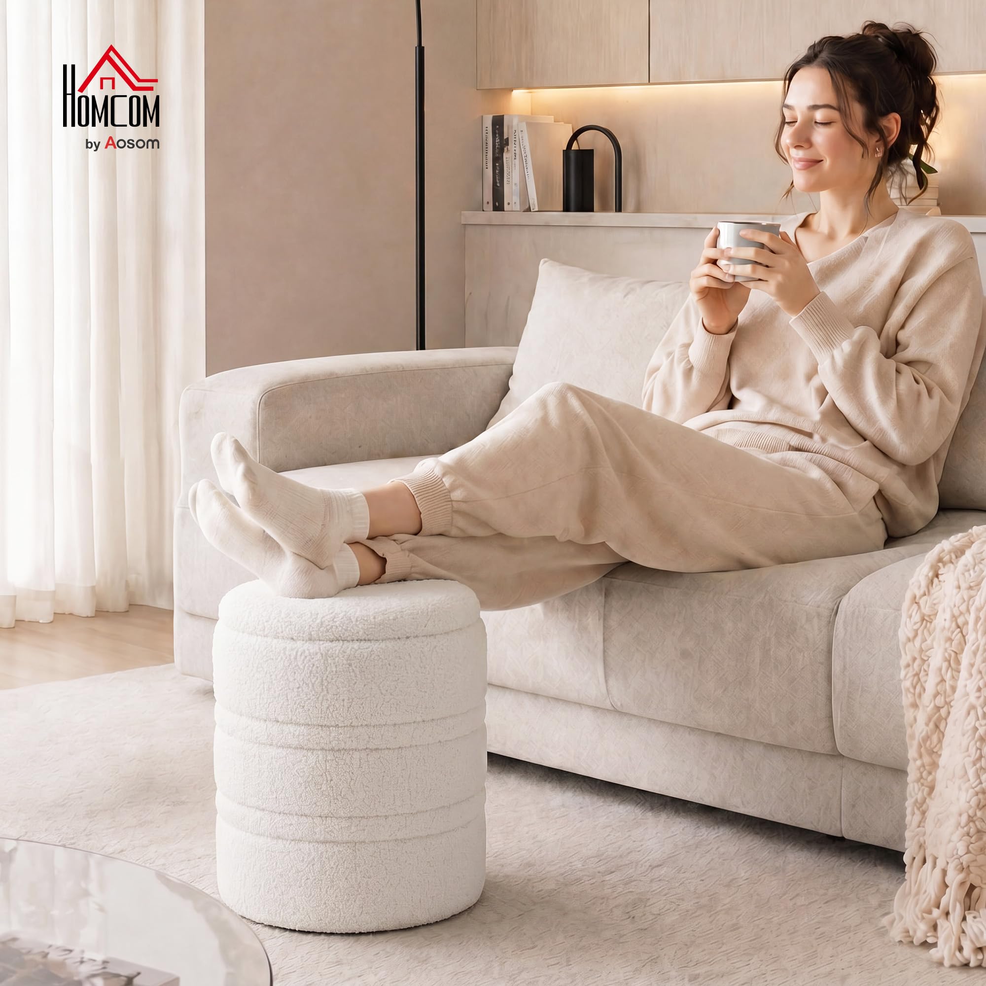 HOMCOM Puff Almacenaje Banco Almacenaje 33 L Redondo Ø36,5x46,5 cm Blanco | Baúl de Almacenamiento con Tapa, Tapizado en Borreguito, Carga 120 kg, Taburete para Salón, Dormitorio o Recibidor