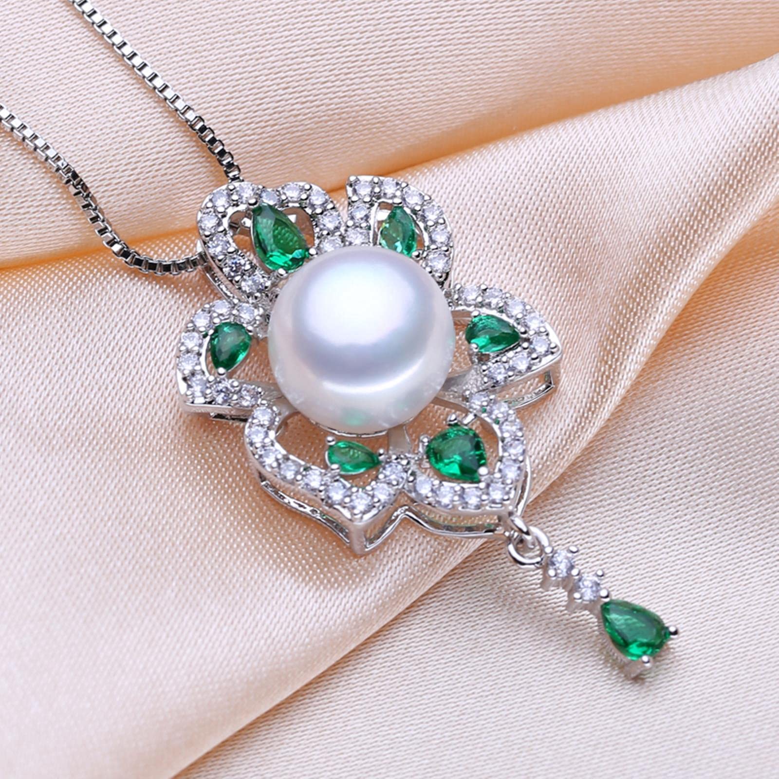 Set di Gioielli in Argento Sterling 925 Orecchini di Perle Naturali per Le Donne Collane con Ciondolo Grande Smeraldo Boemo