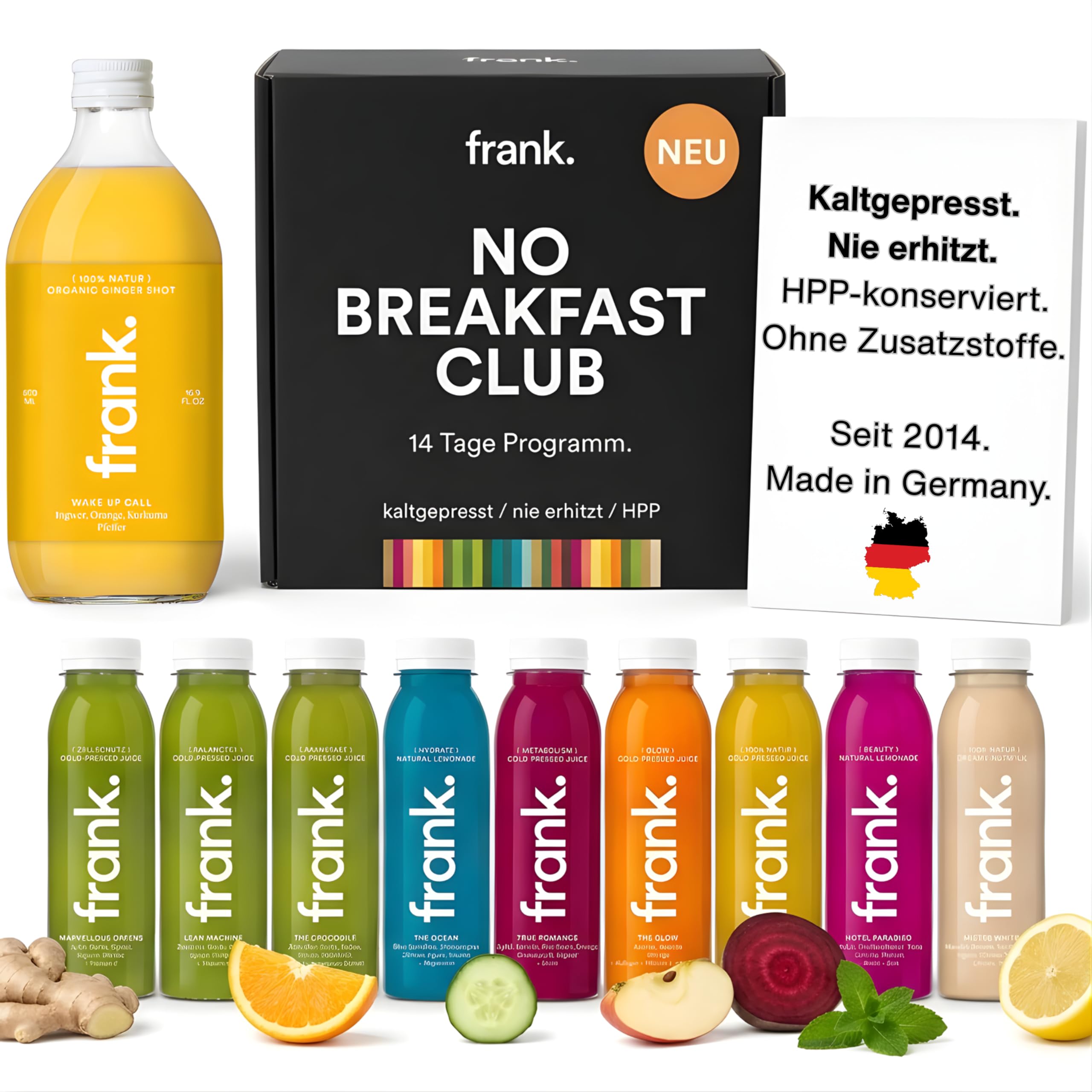 frank. No Breakfast Club 14 Tage Halbtages Saftkur 14 x 330 ml kaltgepresste Säfte 1 x 500 ml Ingwer Shot HPP Direktsaft vegan