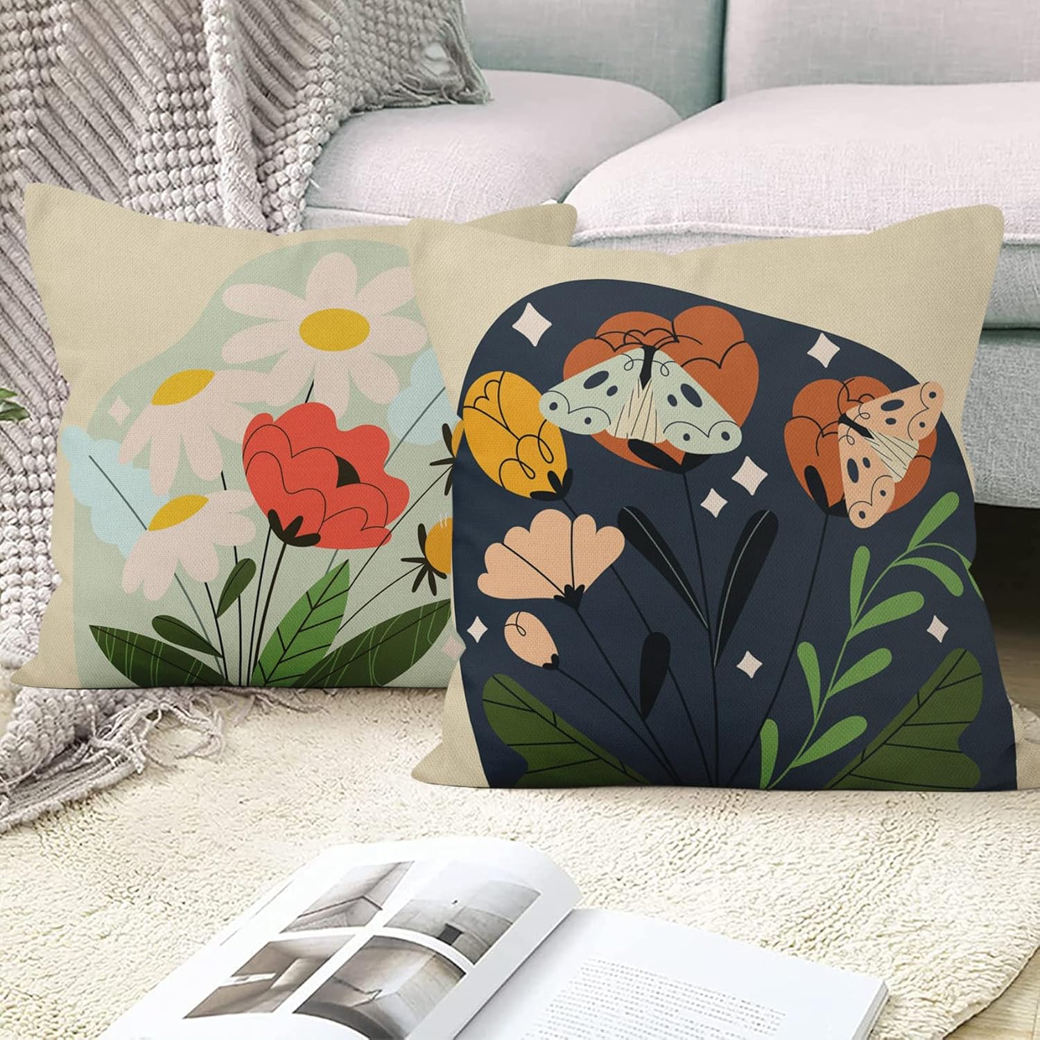 Yeele 18x18inches Outdoor Throw Pillow Covers Set of 4 Spring Summer Garden Flowers with Bee Butterfly Farmhouse Decorative Pillowcase Cotton Linen Cushion Cases for Sofa Couch Home Decors