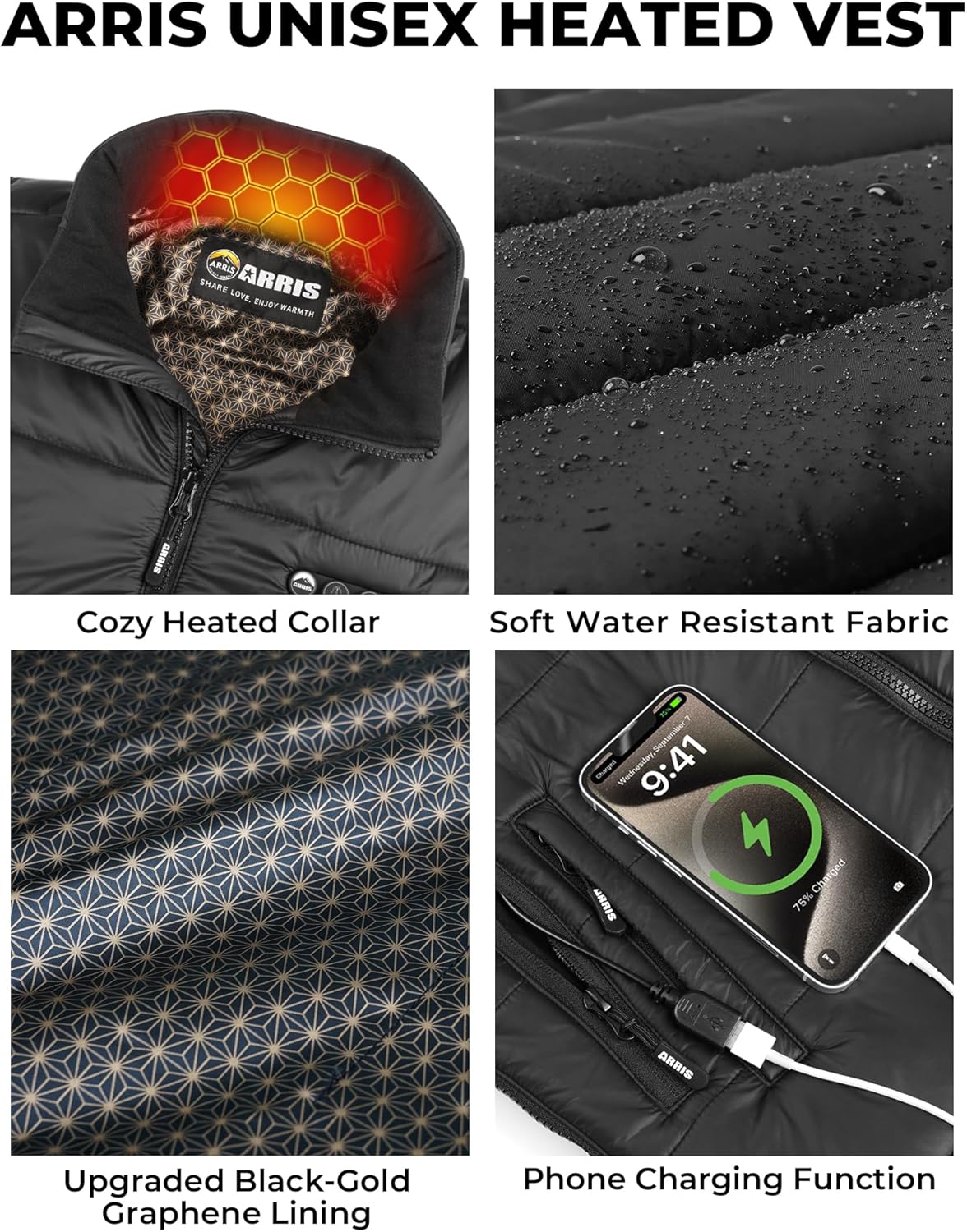 ARRIS Heated Vest with Patented Size Adjustable Design For Men and Women