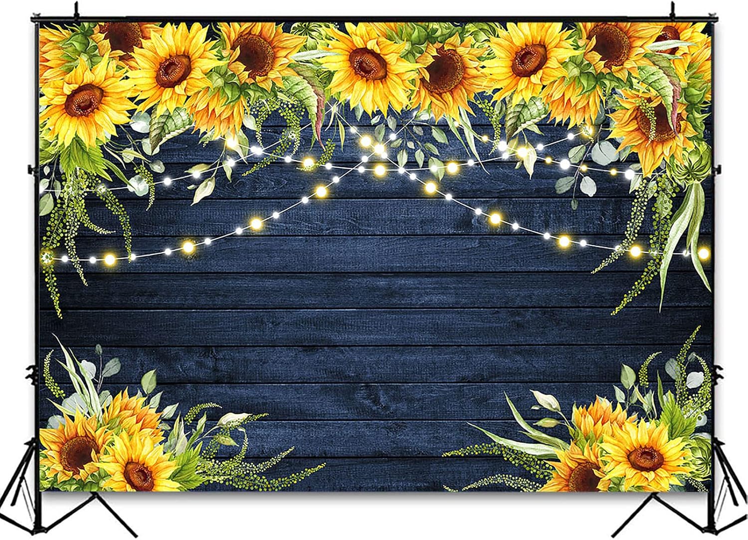 Avezano Rustic Navy Sunflower Backdrop for Bridal Shower Wedding Birthday Party Decoration Photography Background String Lights Eucalyptus Greenery Sunflower Navy Wood Photoshoot Backdrops (7x5ft)