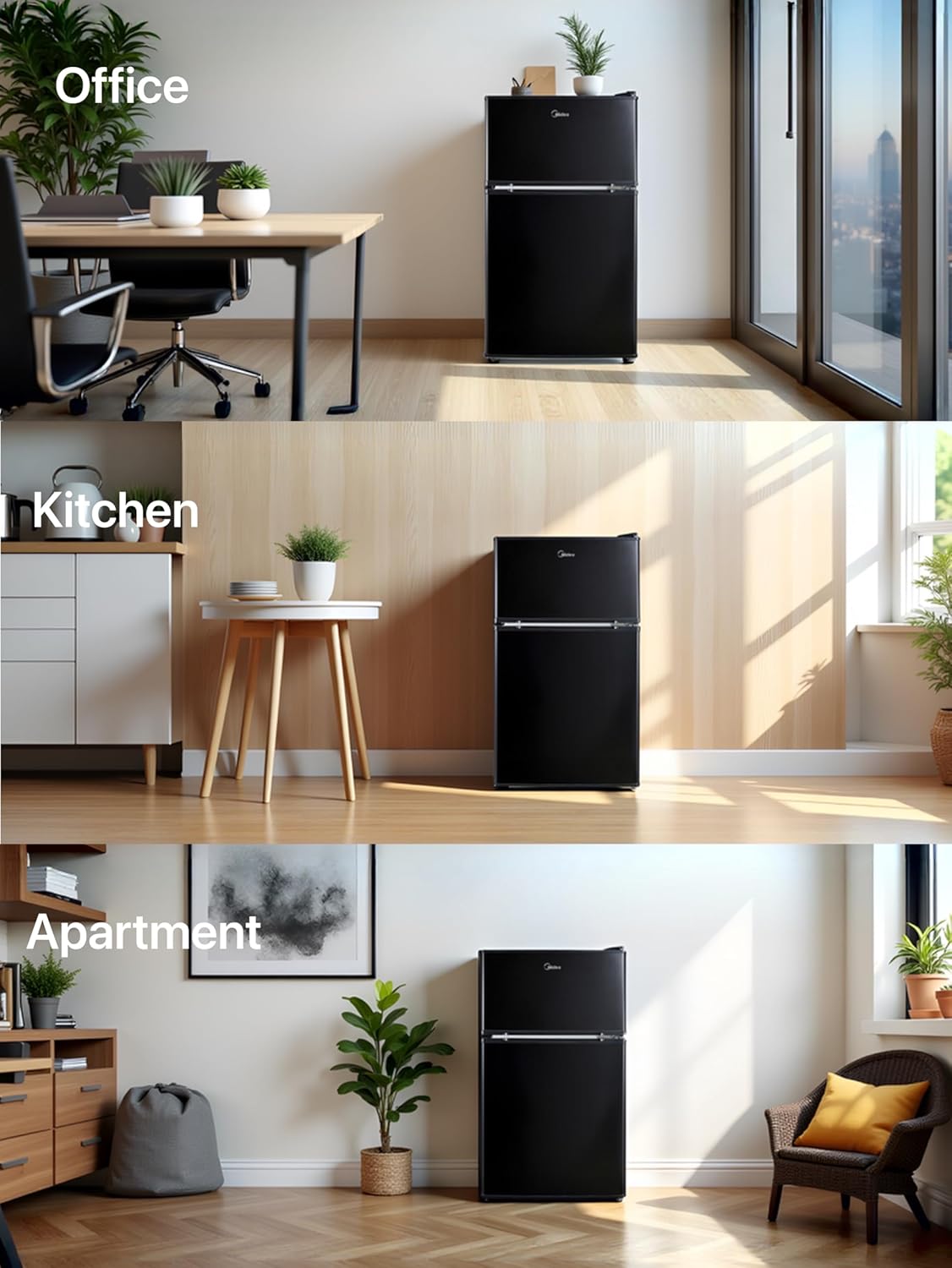 Midea WHD-113FB1 Double Door Mini Fridge with Freezer for Bedroom Office or Dorm with Adjustable Remove Glass Shelves Compact Refrigerator, 3.1 cu ft, Black