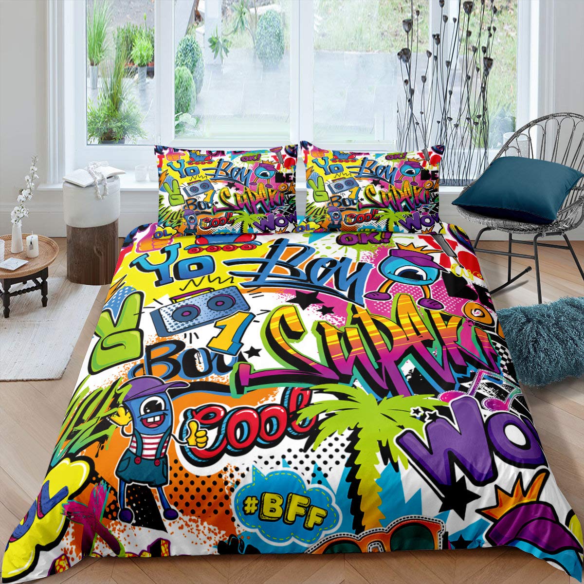 Loussiesd Hip-Hop Bedding Set Boys Kids Graffiti Hippie Street Culture Funny Theme Teens' Bedroom Decor Duvet Cover with Zipper Ties Comforter Cover,1 Duvet Cover with 2 Pillowcases Super King