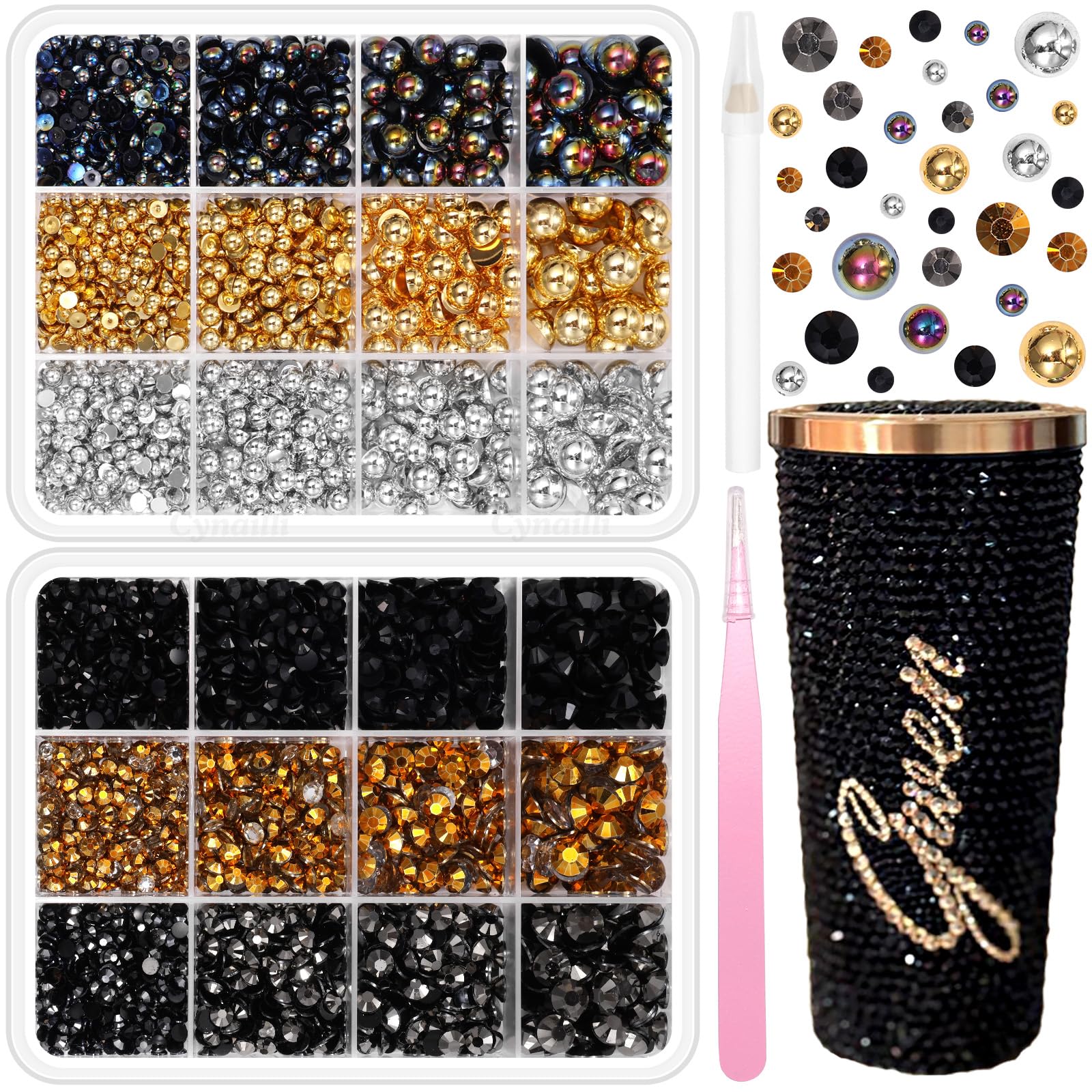 2 Boxes Gold Black Flatback Pearls and Resin Rhinestones for Crafting, 3-6 mm Jelly Rhinestones, Mixed Size Half Pearl Bedazzling Gems for Nail DIY Crafts Mugs Bottles Tumblers Clothes Makeup color-S9