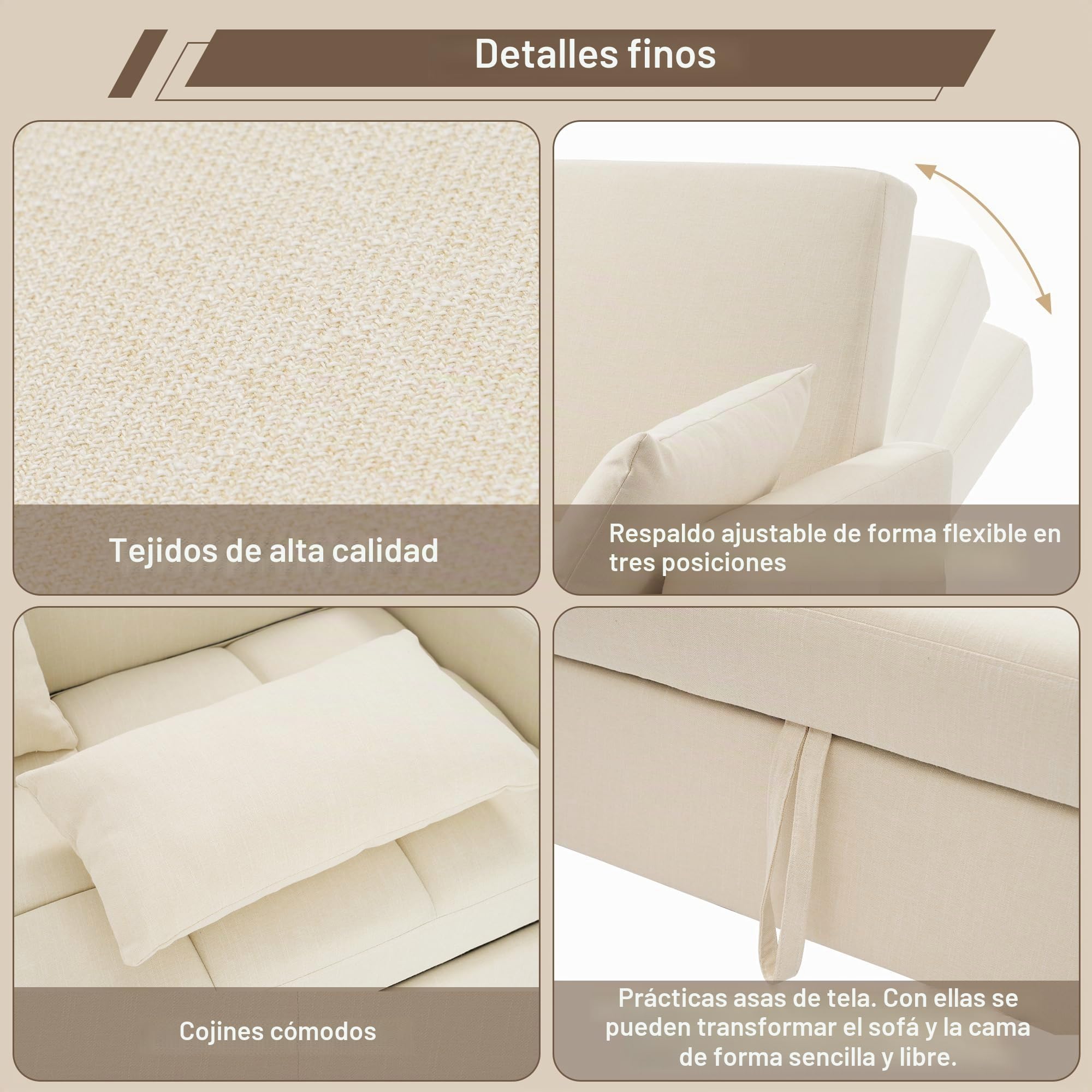 Dolamaní Sofá cama plegable con dormir y cajón, 2 plazas, 127 x 75 cm, extensible a 127 x 125 cm (beige)