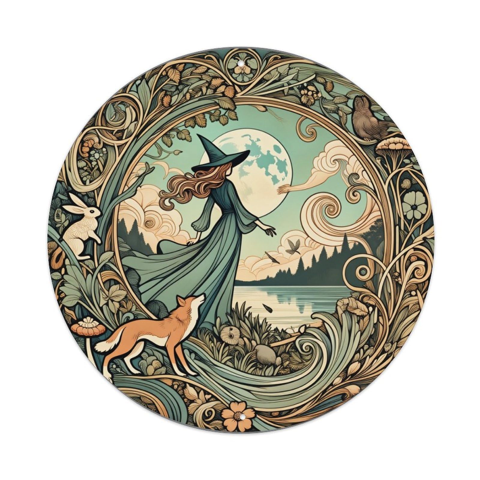 Whimsical Forest Witch Moonlight Fox Round Tin Sign Retro Metal Sign for Cafe Bar Pub Home Game Room Gym Club Wall Decoration Vintage Metal Poster 8x8 Inch