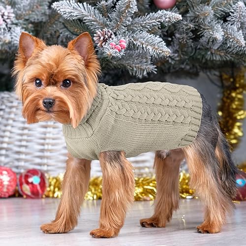 Miniatura 4 de LyssKMK Suéter clásico de punto trenzado para perro, cuello alto, para clima frío, abrigo grueso y cálido, trajes de sudadera para perros pequeños,