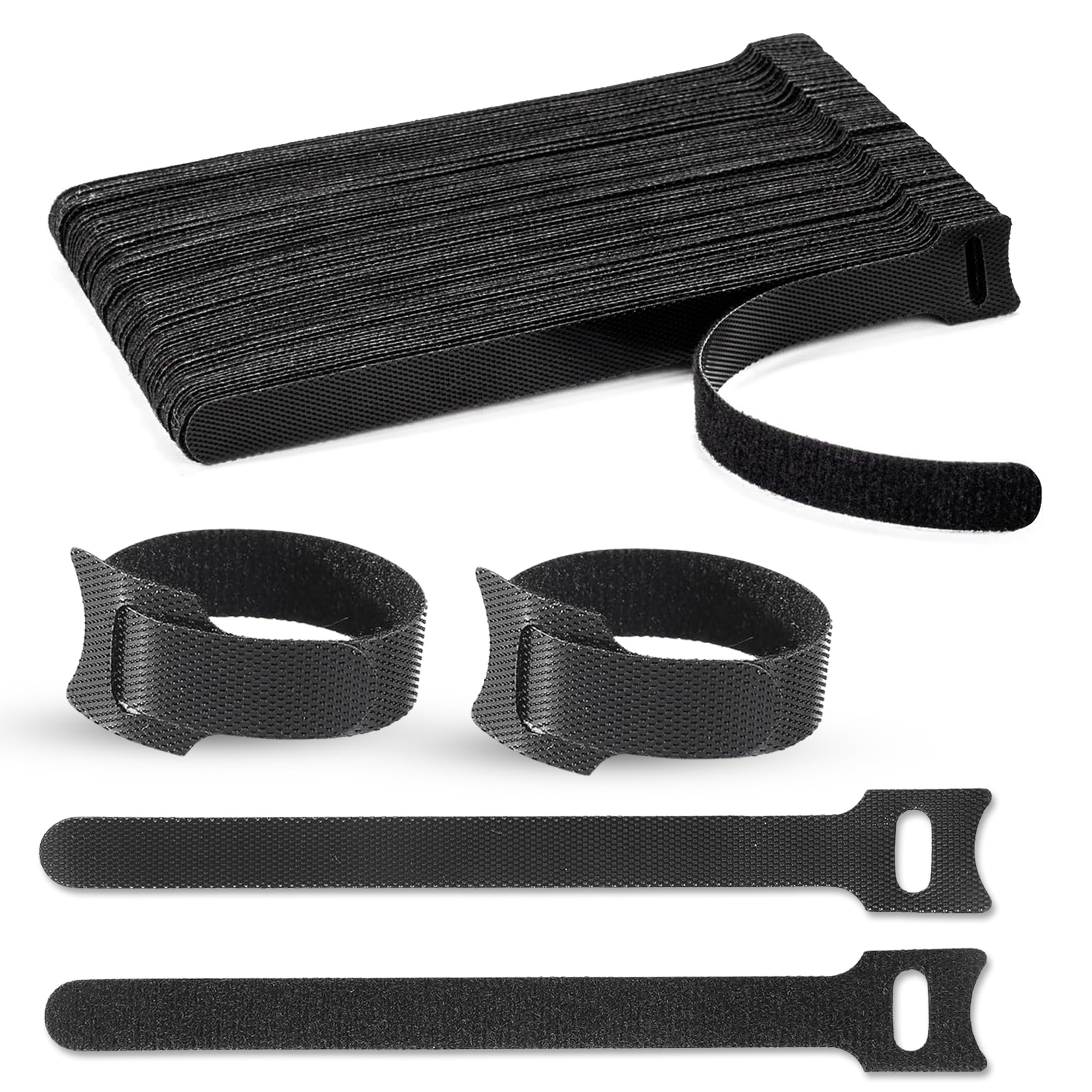 GLUN® Black Strong Velcro Ties 50 Piece Organisation Straps, Thin Pre-Cut Design, Wire Management Organiser for Home & Office Use