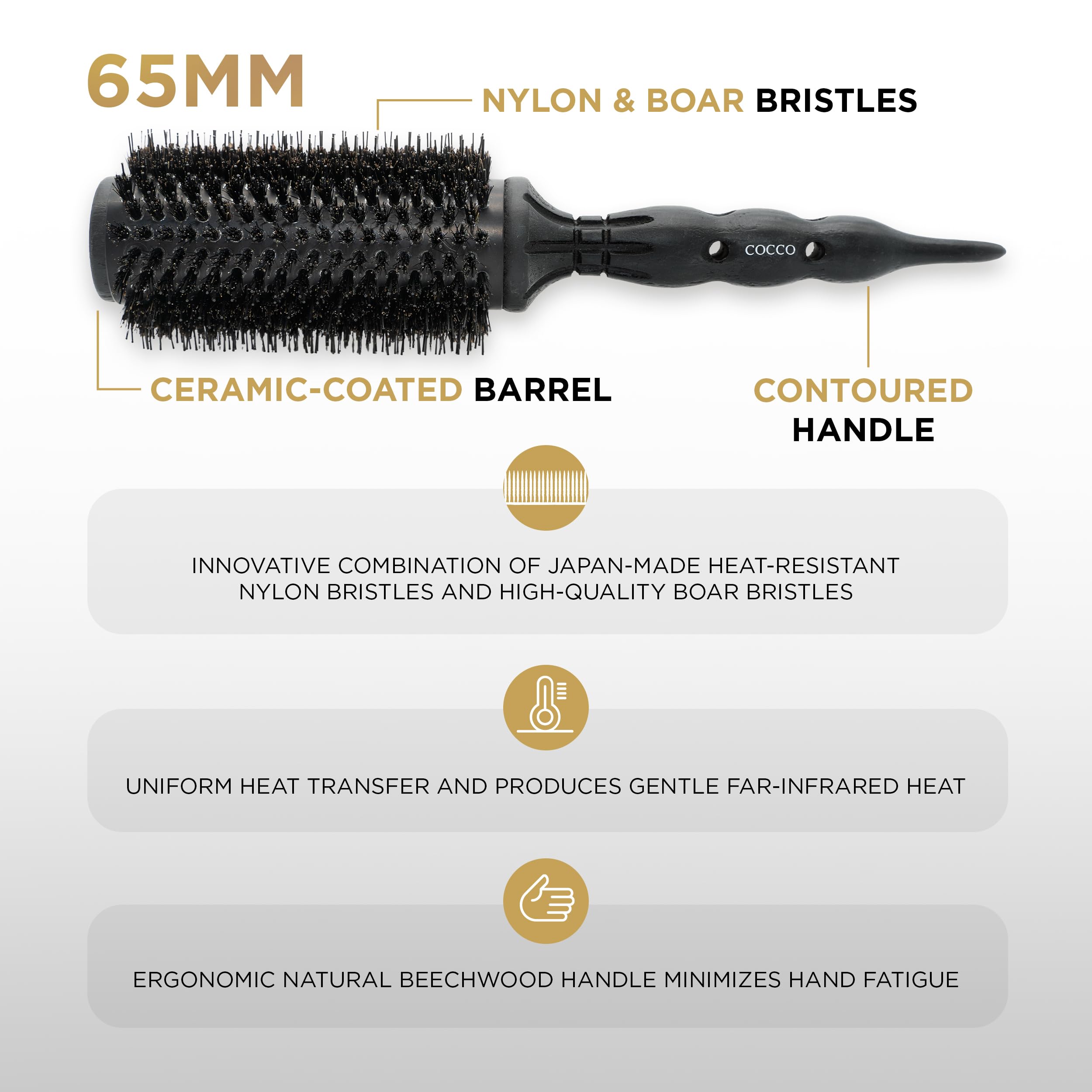 COCCO Black Series - Cepillo de cerámica para jabalí S8, cepillo para peinar el cabello con tecnología de doble cerda, barril recubierto de cerámica, diseño ergonómico
