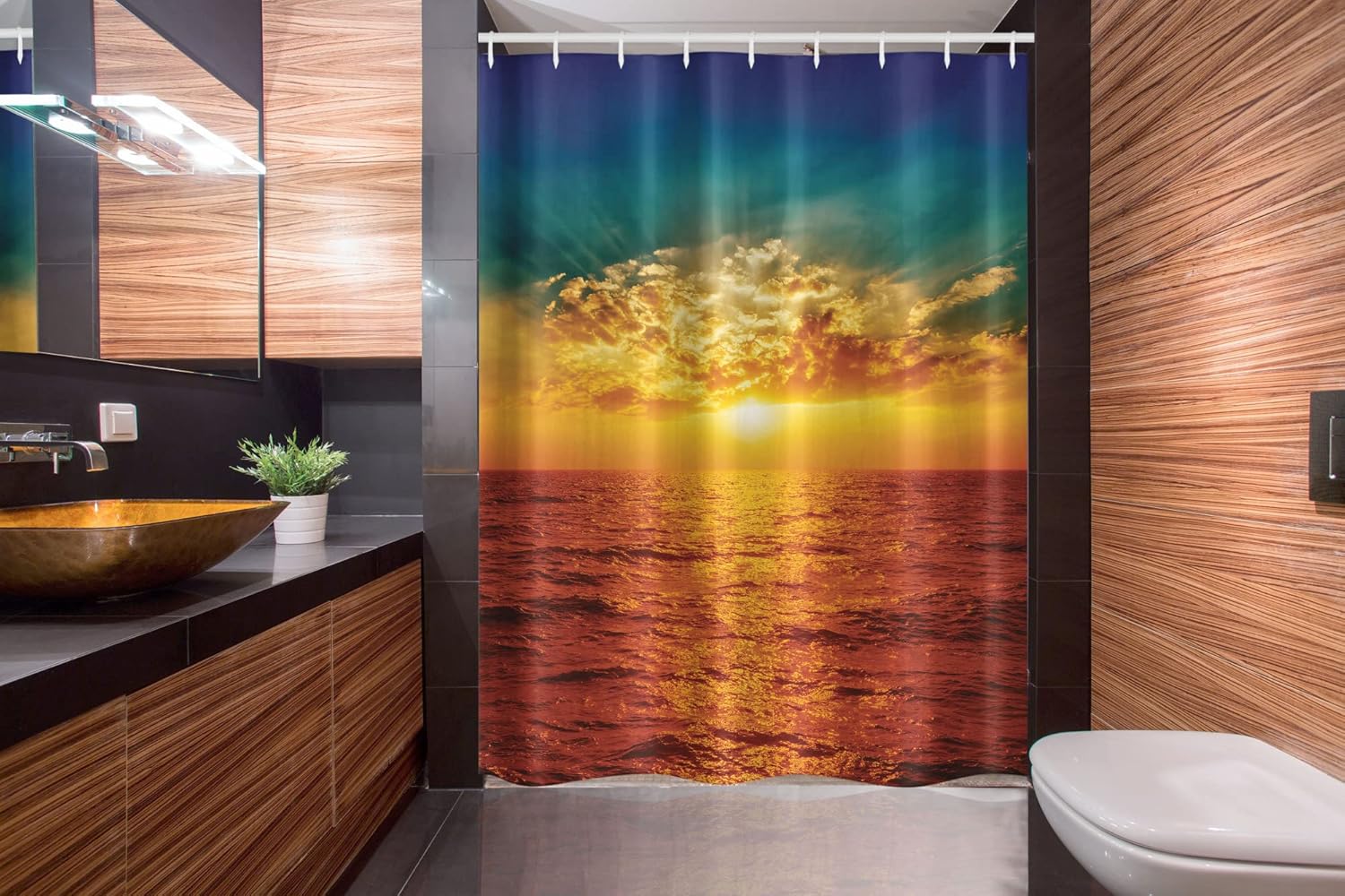 Ambesonne Ocean Stall Shower Curtain, Sunset Clouds Exotic Seaside with Sun Rays Evening View Picture Print Art, Fabric Bathroom Decor Set with Hooks, 54" W x 78" L, Burnt Orange Teal Sky Blue