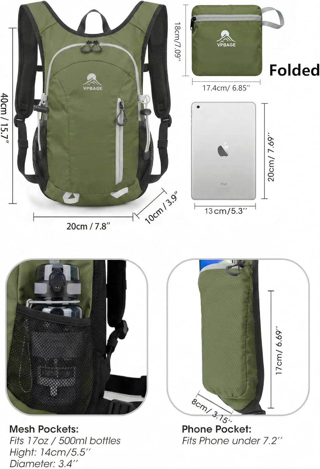 Foldable Small Hiking Backpack with 3 Strap Pockets – Lightweight 300D Spill-proof Daypack for Men Women – Packable Small Travel Backpack with Chest Strap & Trekking Pole Holder – Durable Outdoor Bag - Image 5