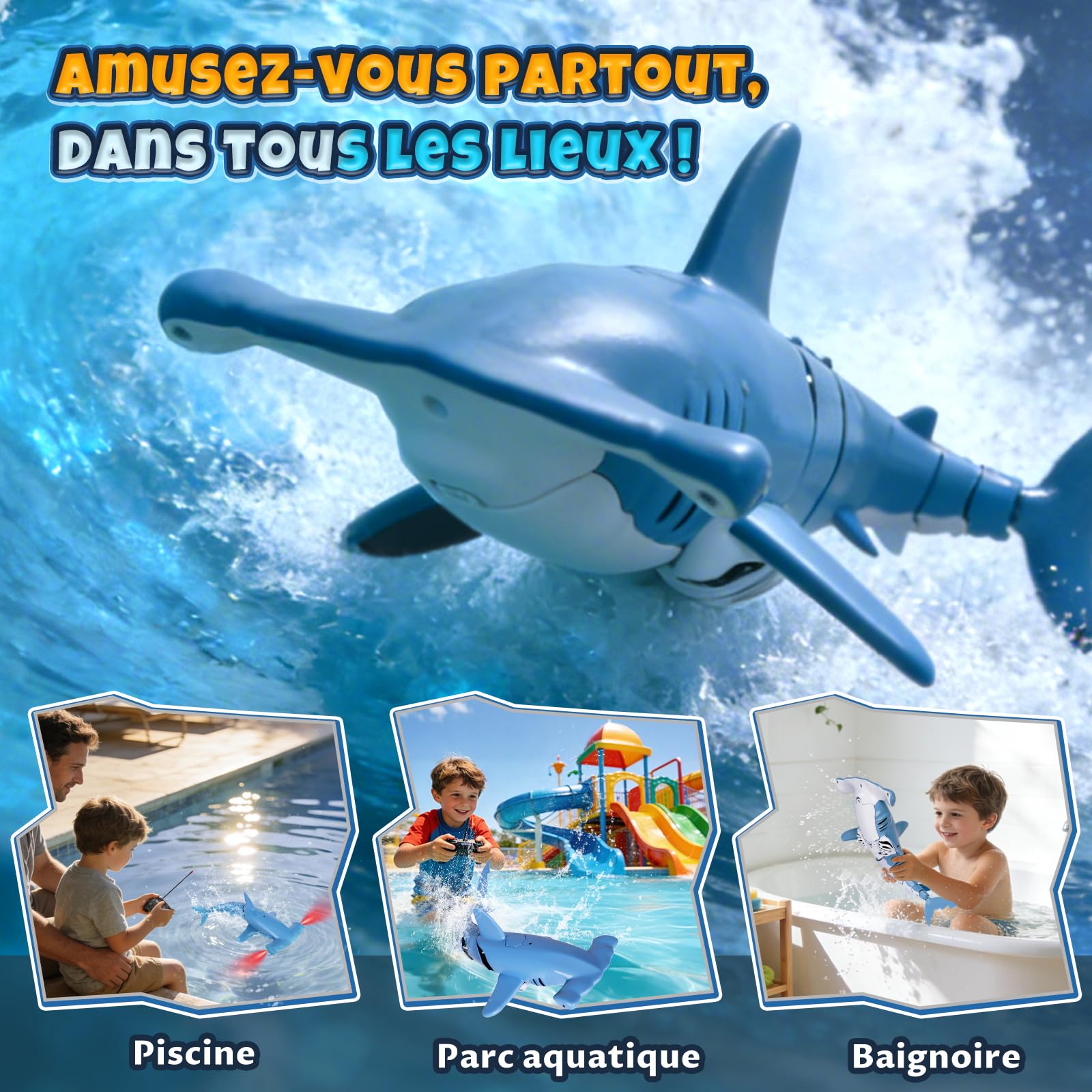 Requin Télécommandé avec Fonction de Plongée, 2.4 GHz RC Requin avec Lumières LED, Jouet Requin sous-Marin pour Piscine et Baignoire, Cadeau pour Enfants 6+ Ans Garçon Fille (Bleu)