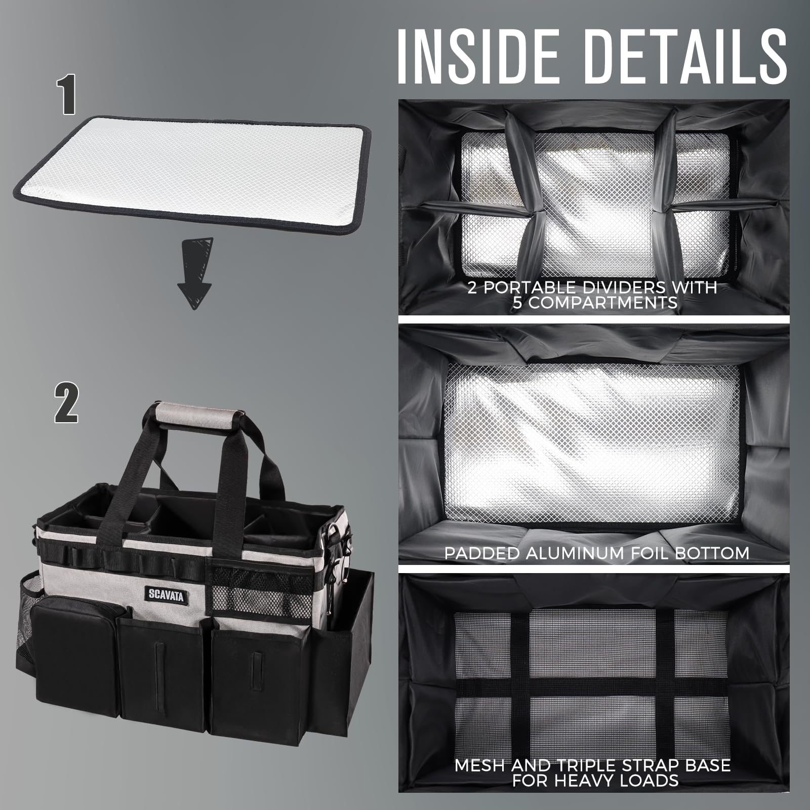SCAVATA Cesta de Limpieza portátil, Organizador de Suministros con asa y Tirantes para Mujeres de Limpieza, Debajo del Fregadero y el Coche, con 4 separadores Plegables (Negro Gris)