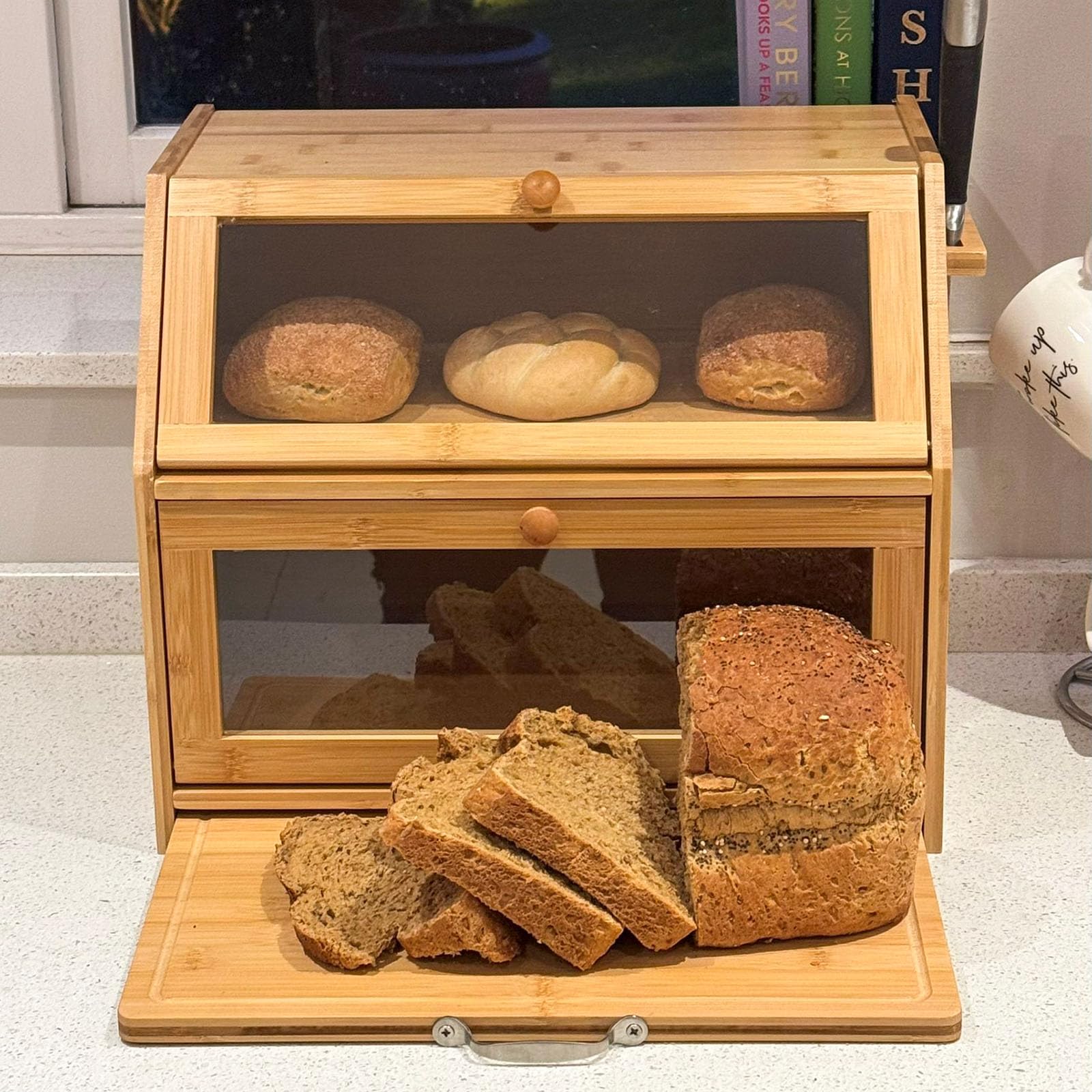Panera grande de bambú con 2 compartimentos y tabla de cortar deslizante