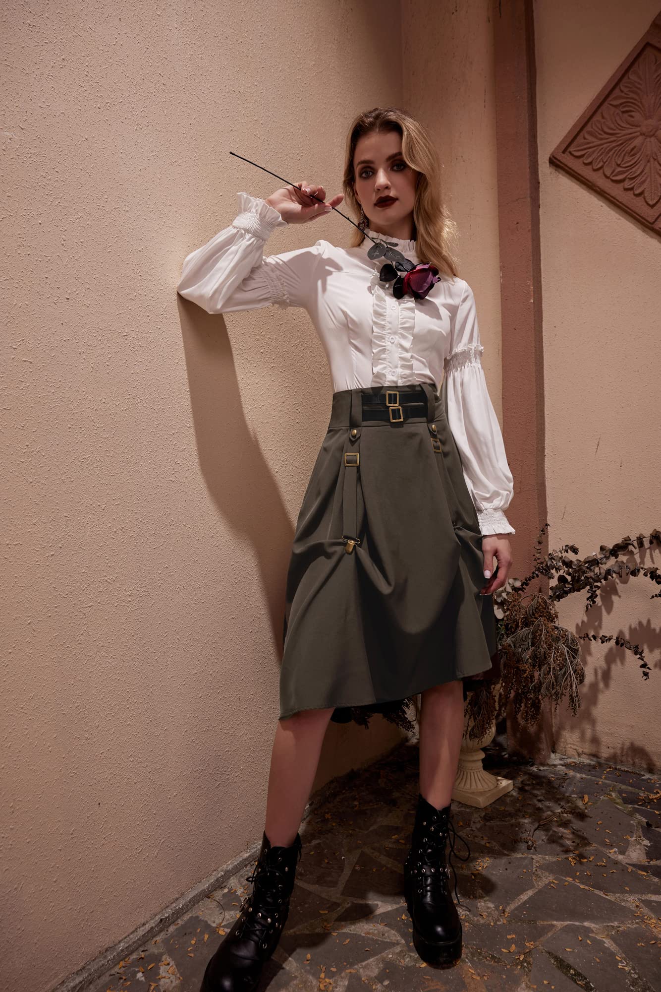 Scarlet Darkness Gonna da Donna Rinascimentale Lunga al Ginocchio con Fibbia e Cinturino Gotica