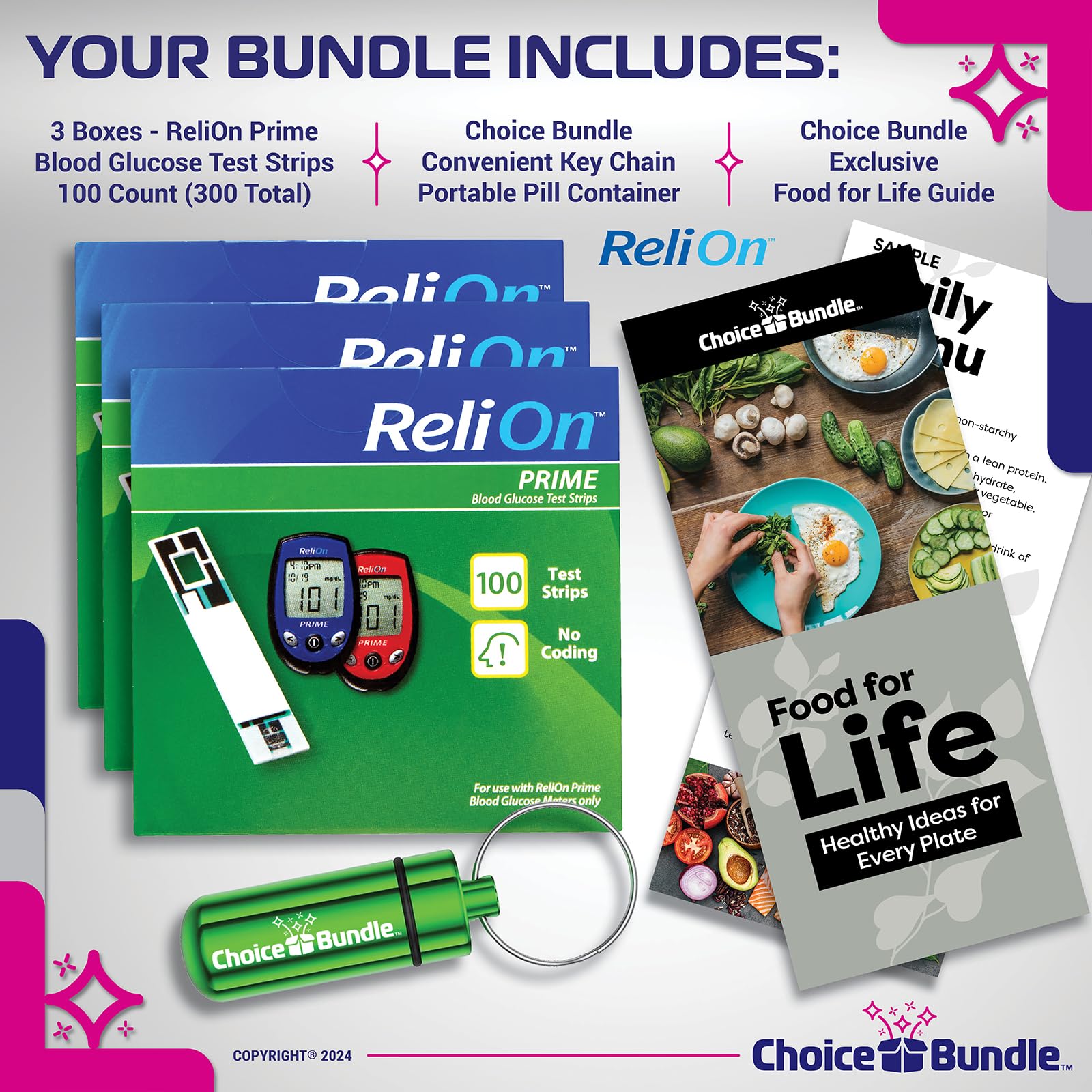 ReliOn Prime Blood Glucose Test Strips 100 Ct Reli On 3 Pk Choice Bundle (300 Total) + Food for Life & Portable Pill Holder (5 Items)!