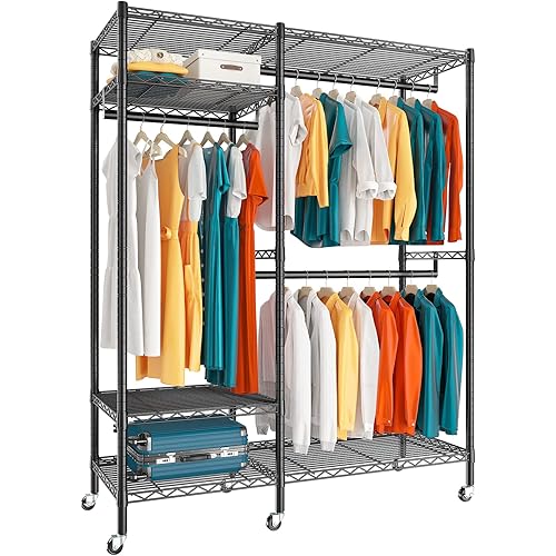 Raybee 79" H Clothes Rack Heavy Duty Clothing Rack with Wheels Loads 650LBS, Clothing Racks for Hanging Clothes Rolling Clothes Rack with Wheels, Portable Garment Rack Wadrobe Closet, 45" Wx17 Dx79 H