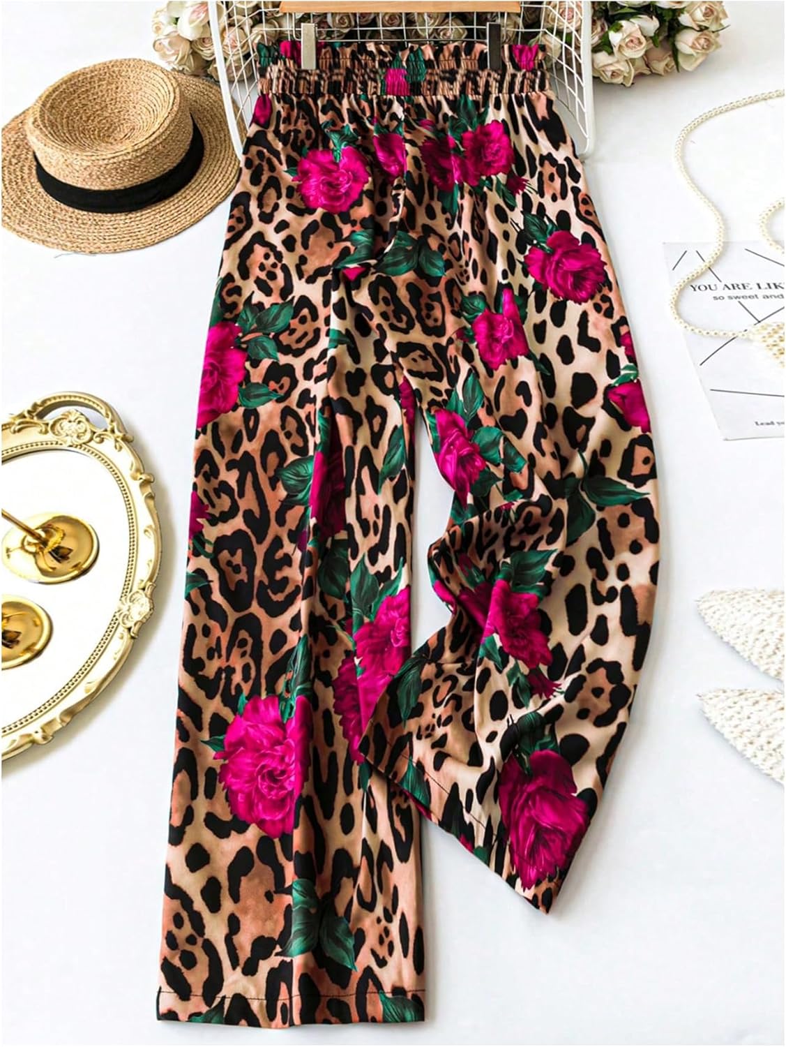 GORGLITTER Women's Cheetah Floral Print Wide Leg Pants Elastic High Waist Flowy Trousers Pants - Image 2