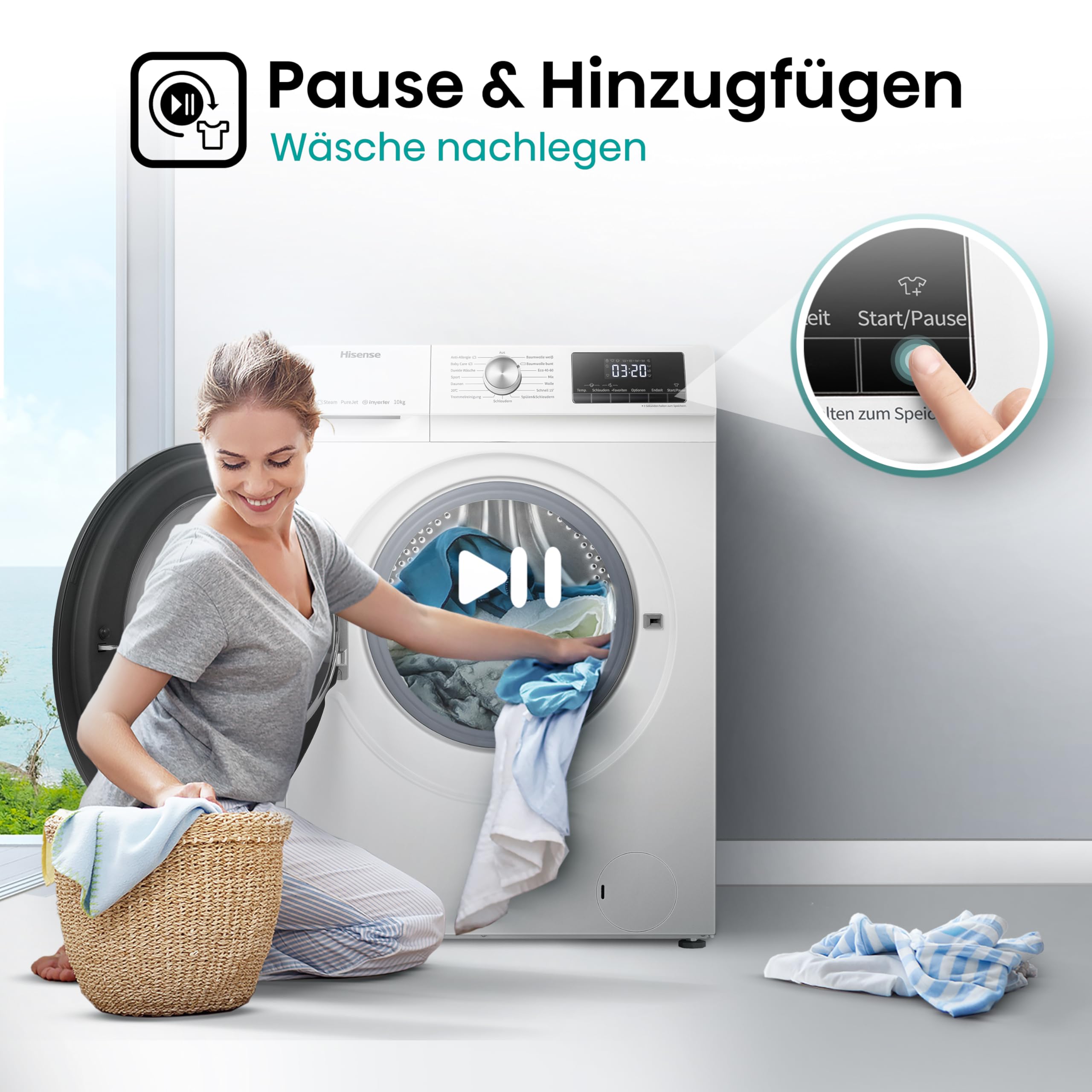 Hisense WFQA1014EVJM Waschmaschine mit Dampffunktion/10 kg/AquaStop /1400 U/min /15 Programme/Inverter PowerDrive Motor/Edelstahltrommel/Kindersicherung/Trommelreinigung/Weiß